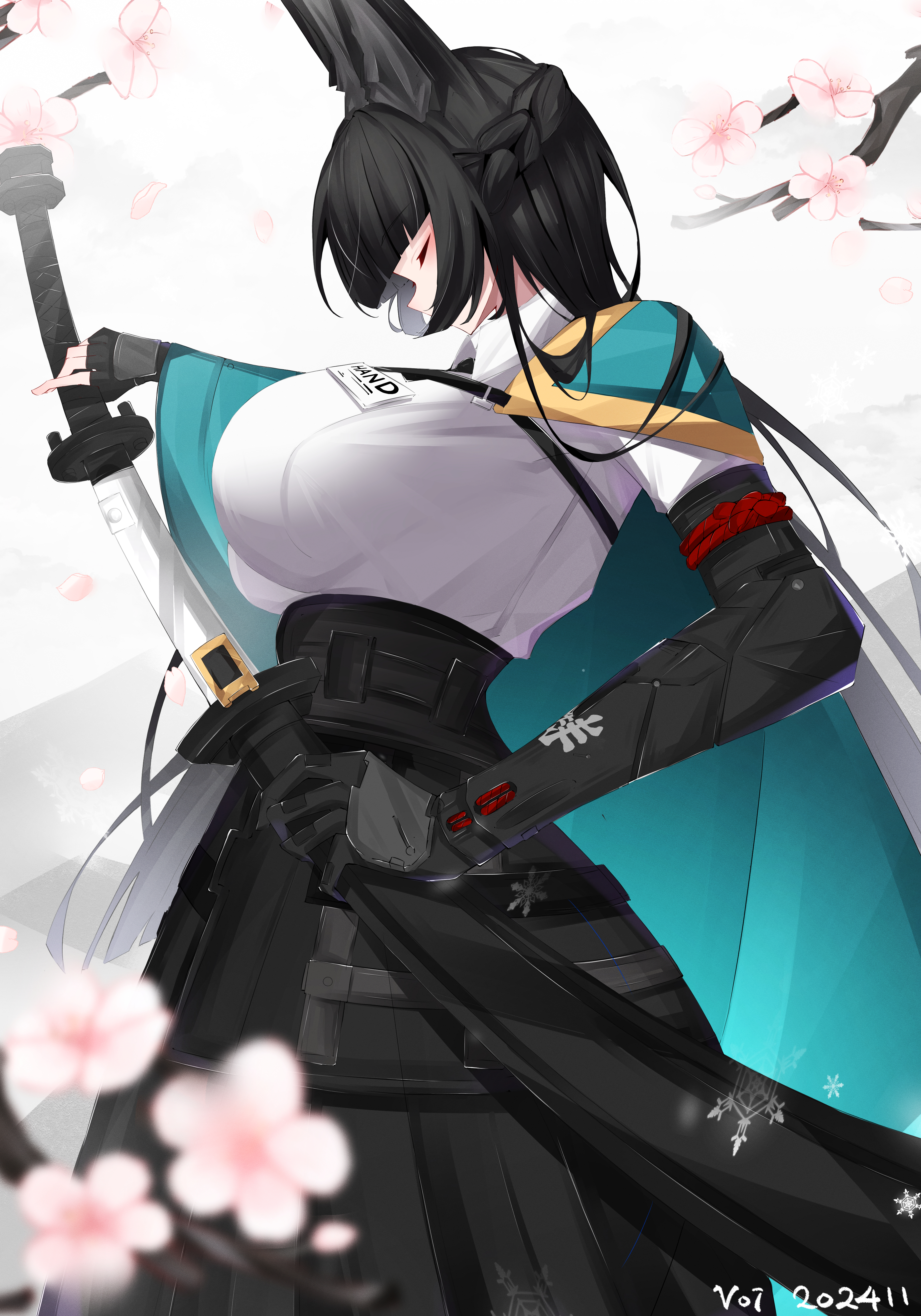 1girls, absurdres, animal ears, artist name, big breasts, black gloves, black necktie, black skirt, blunt bangs, breasts, cherry blossoms, closed eyes, commentary, dated, dress shirt, female, female only, fingerless gloves, flower, fox ears, fox girl, from side, gloves, green jacket, high-waist skirt, highres, holding, holding sword, holding weapon, hoshimi miyabi, huge breasts, jacket, katana, long hair, necktie, shirt, sidelocks, single fingerless glove, skirt, solo, standing, sword, voi 271, weapon, white shirt, zenless zone zero