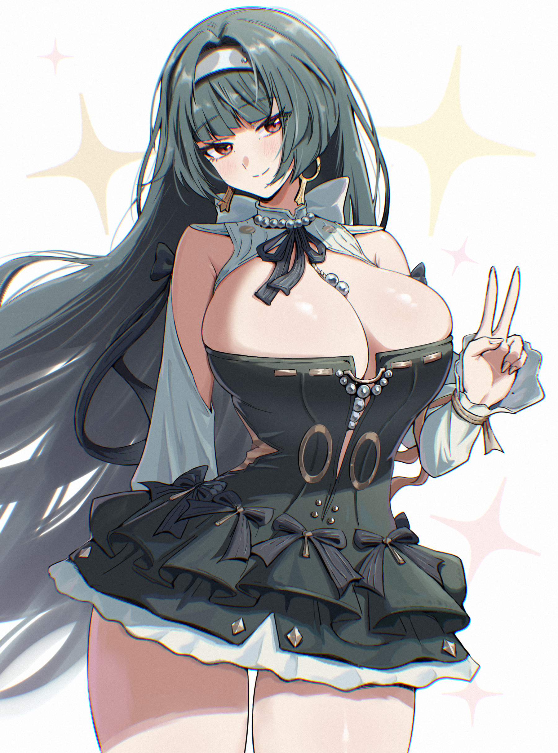 1girls, absurdres, astra yao, astra yao (chandelier), black dress, black hair, breasts, cleavage, dress, female, female only, hairband, highres, jewelry, large breasts, necklace, official alternate costume, pearl necklace, solo, thigh beads, thighs, umamipesto, uneven bangs, v, white hairband, zenless zone zero