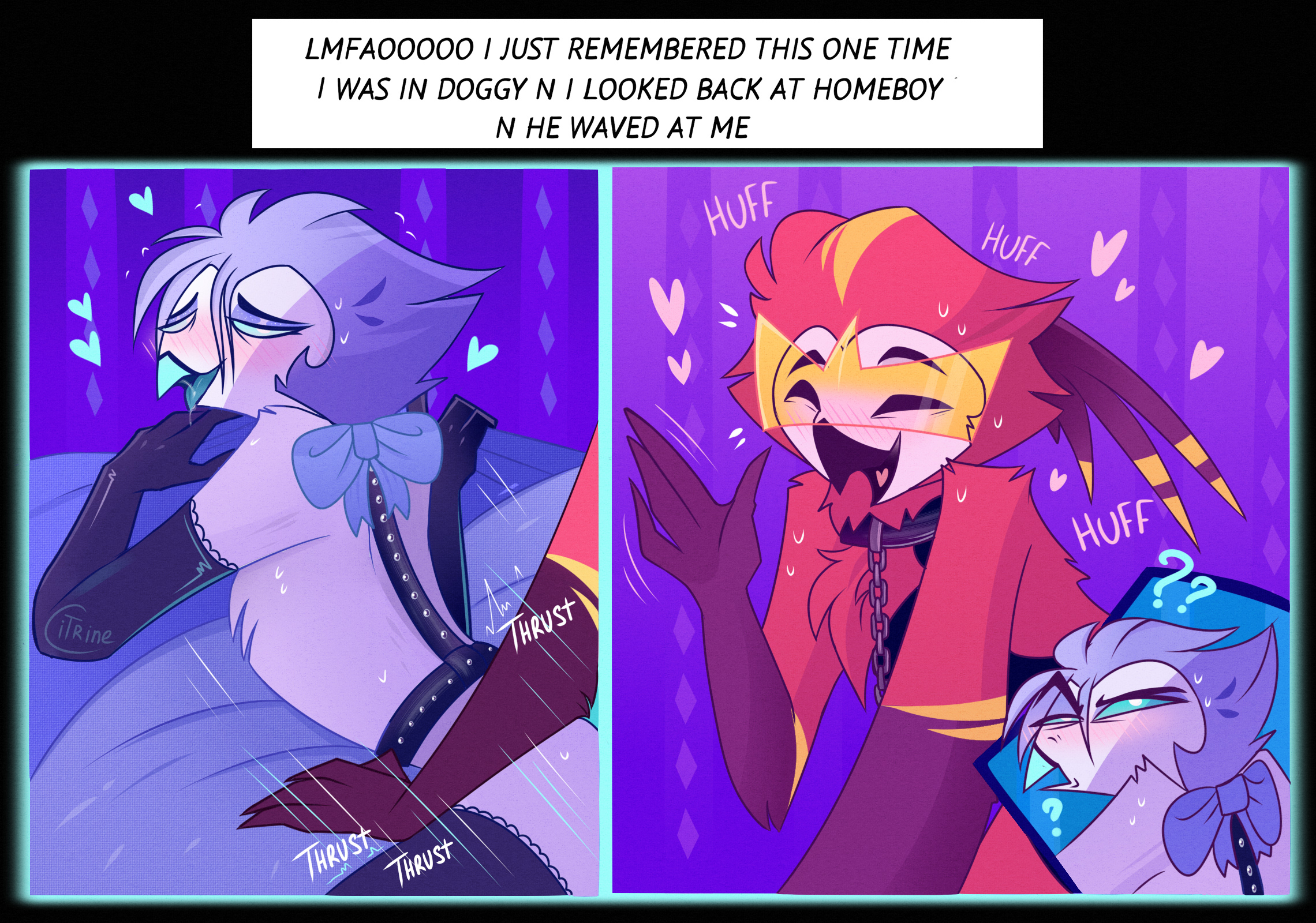 2boys, andrealphus (helluva boss), anthro, avian, citrine90, confusion, demon, helluva boss, male, male/male, meme, parrot, peacock, silly, vassago (helluva boss)