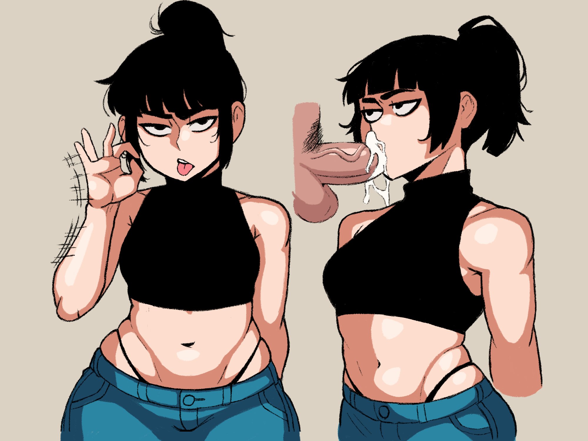 2d, 2d (artwork), 2koma, black hair, blowjob, blowjob gesture, chermat, crop top, cropped, cropped sweater, cum, cum in mouth, cum inside, digital media (artwork), fellatio, fellatio gesture, female, imminent oral, jeans, light skin, light-skinned female, ponytail, thong, tongue, tongue out