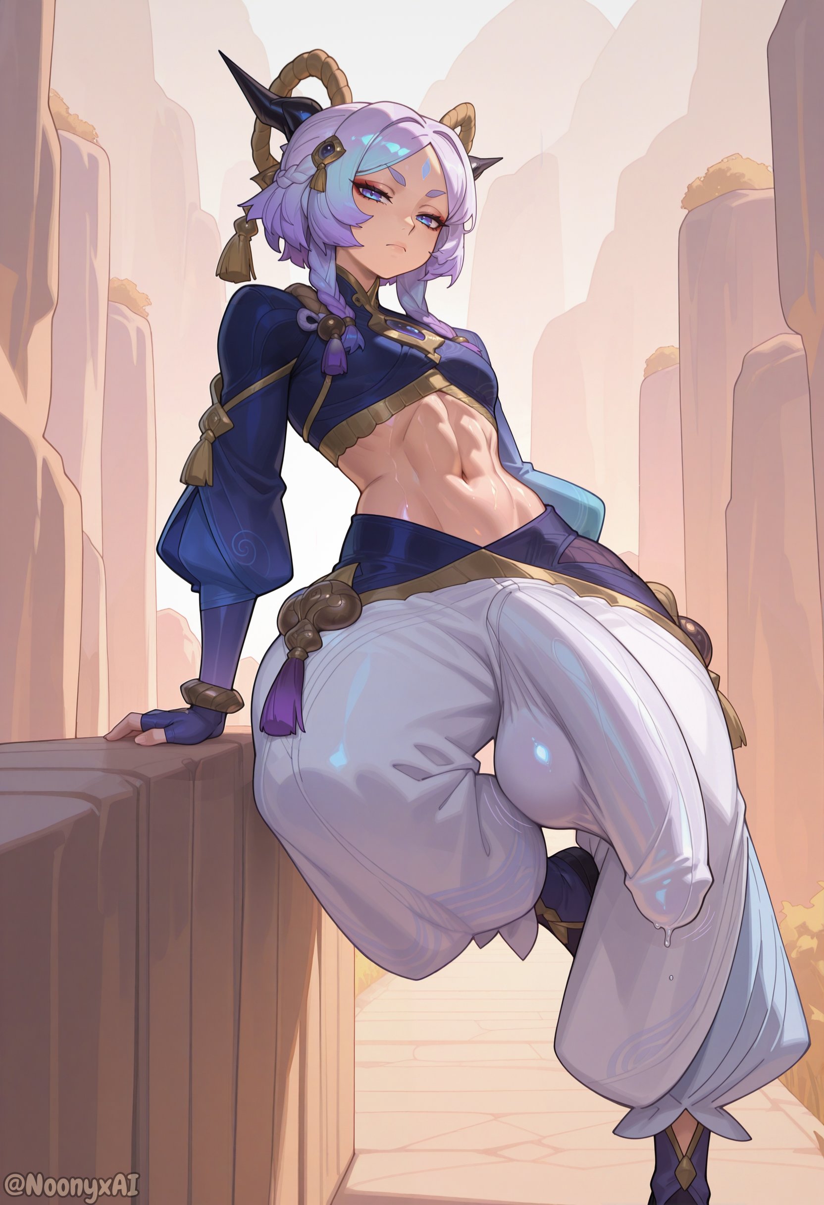 1futa, 2025, abs, ai generated, baggy clothing, balls, big balls, big penis, breasts, bulge, bulge through clothing, bulge under clothes, forehead mark, futa only, futanari, hair ornament, huge balls, huge cock, hung futa, intersex, league of legends, looking at viewer, noonyx, penis, pose, posing, precum, precum drip, precum through clothing, purple eyes, purple hair, small breasts, sweat, sweatdrop, sweating, sweaty, veiny bulge, veiny penis, yunara (league of legends)