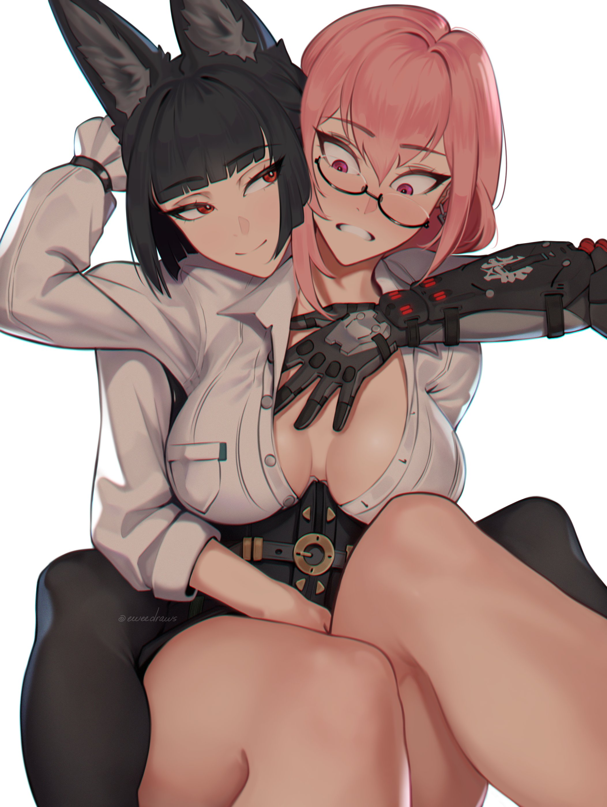 2girls, absurdres, animal ear fluff, animal ears, artist name, black skirt, blunt bangs, blush, breasts, closed mouth, dress shirt, earrings, eweedraws, female, female only, fox ears, fox girl, gauntlets, glasses, hair between eyes, high-waist skirt, highres, hoshimi miyabi, jewelry, large breasts, long hair, looking at another, multiple females, multiple girls, parted lips, pink eyes, pink hair, red eyes, shirt, sidelocks, simple background, sitting, skirt, smile, tsukishiro yanagi, unbuttoned, white background, white shirt, yuri, zenless zone zero