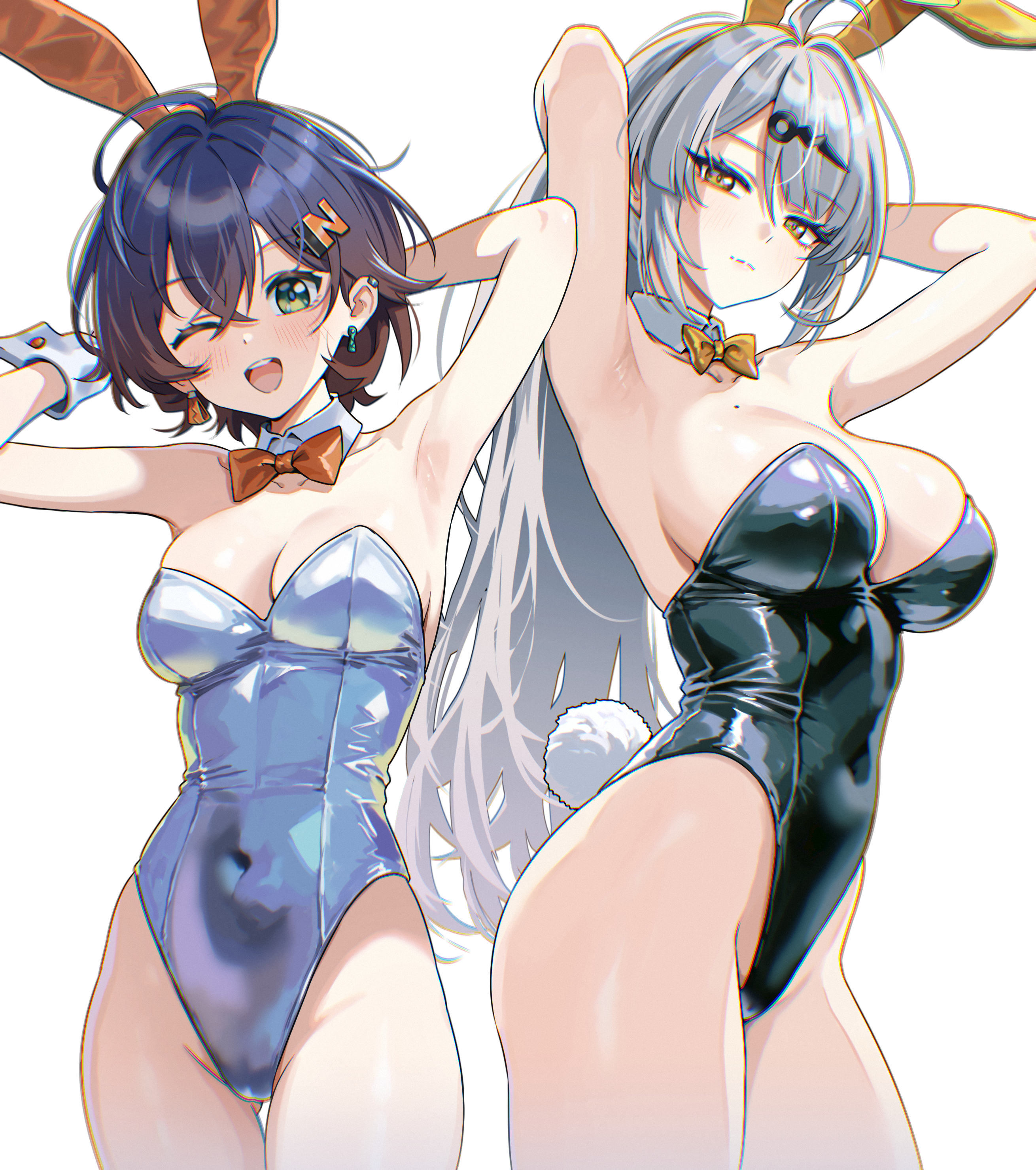 2girls, absurdres, alternate costume, animal ears, armpits, arms behind head, arms up, belle (zenless zone zero), black leotard, blue hair, blue leotard, bow, bowtie, breasts, chromatic aberration, cleavage, collar, collarbone, commentary request, covered navel, detached collar, earrings, fake animal ears, fake tail, female, female only, green eyes, grey hair, hair between eyes, hair ornament, highleg, highleg leotard, highres, jewelry, large breasts, leotard, letter hair ornament, light blush, long hair, looking at viewer, mole, mole on breast, multiple females, multiple girls, one eye closed, open mouth, orange bow, orange bowtie, rabbit ears, rabbit tail, short hair, smile, strapless, strapless leotard, tail, textless version, thigh gap, thighs, umamipesto, very long hair, white collar, white wrist cuffs, wrist cuffs, yellow bow, yellow bowtie, yellow eyes, yixuan (zenless zone zero), yunkui summit, zenless zone zero
