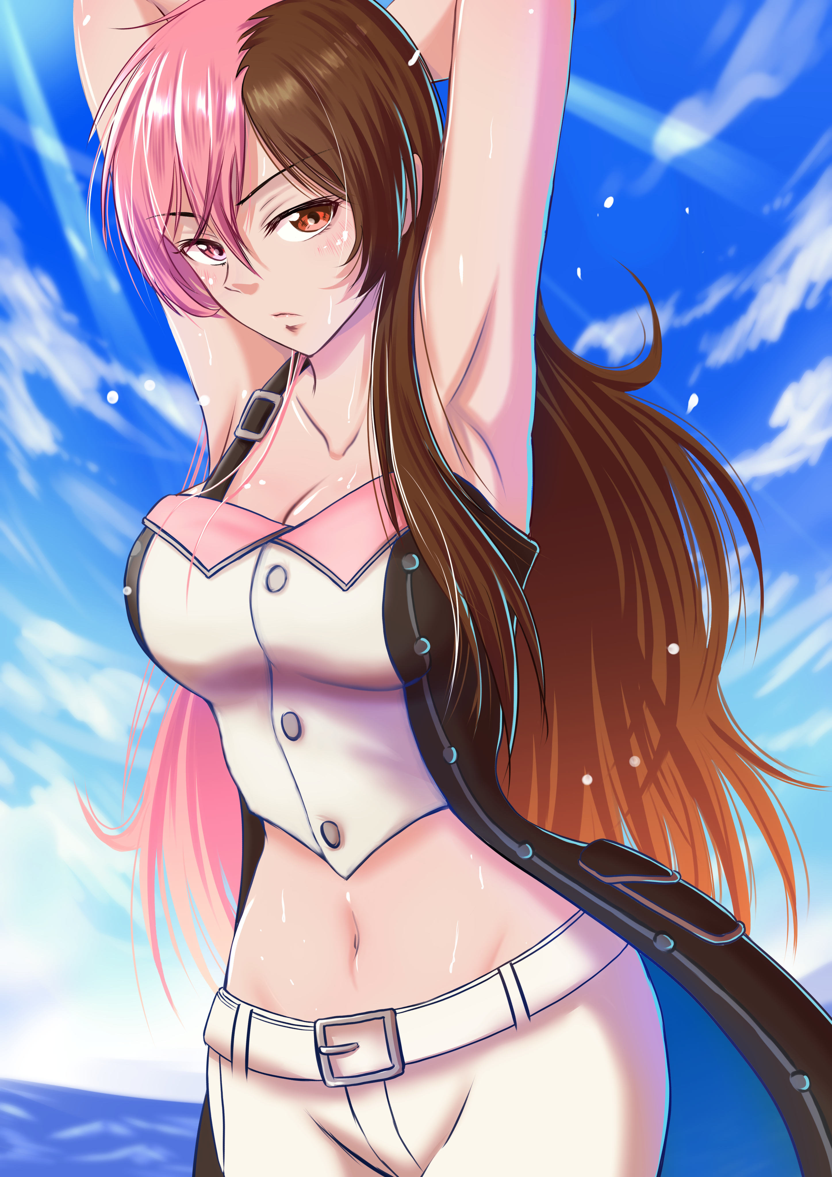 1girls, armpits, arms behind head, beach, big breasts, breasts, brown eyes, brown hair, busty, cleavage, female, female only, half-closed eyes, hi res, large breasts, legs, looking at viewer, midriff, navel, neo (rwby), ocean, pants, pink eyes, pink hair, pose, posing, rwby, sexy, sexy armpits, sexy pose, solo, thighs, voluptuous, water, wet