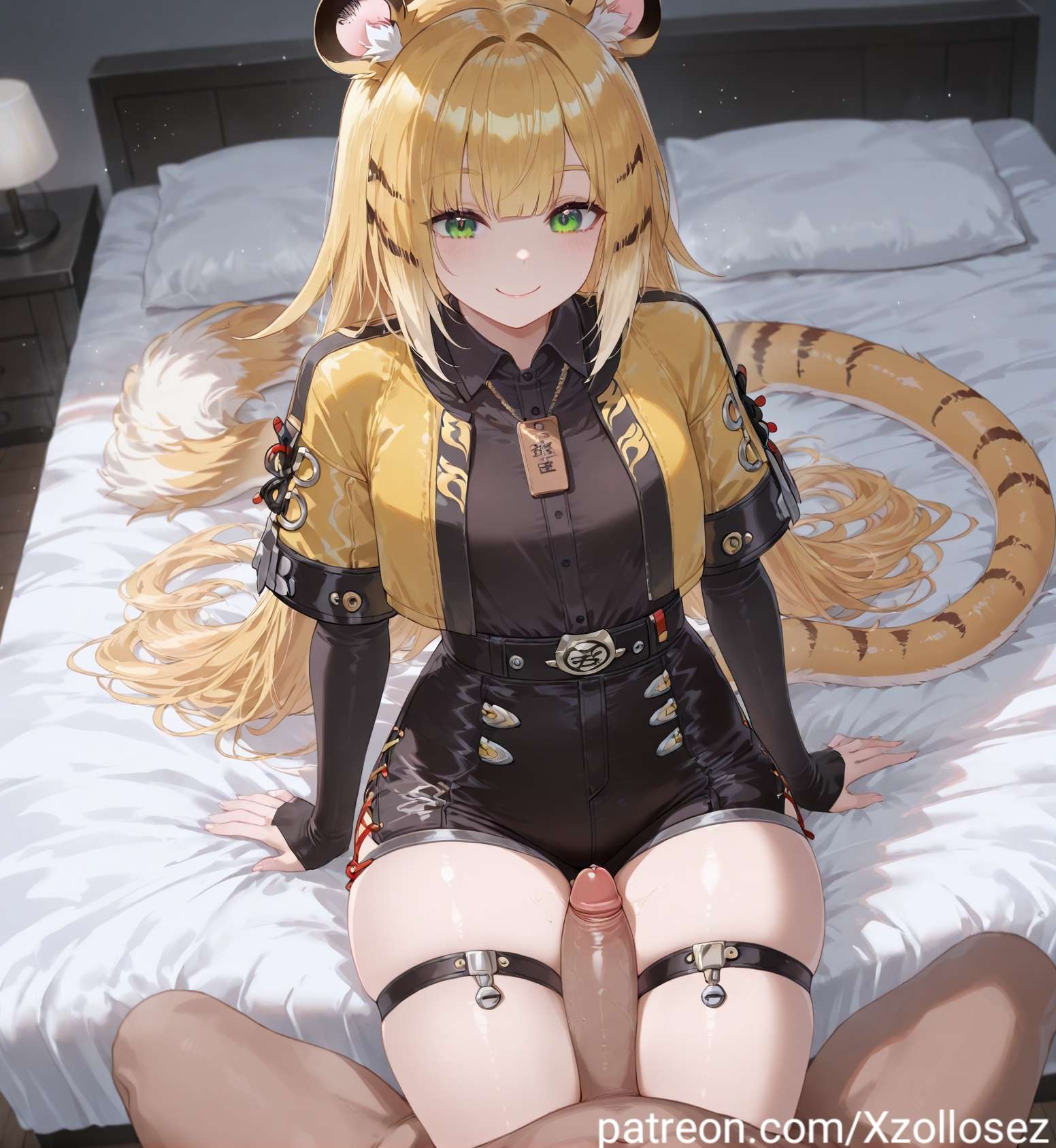 ai generated, black shirt, black shorts, cropped jacket, female, jacket, ju fufu, long sleeves, patreon, patreon username, shirt, shorts, smile, thigh sex, thigh strap, tiger ears, tiger girl, tiger tail, xzollosez, yunkui summit, zenless zone zero