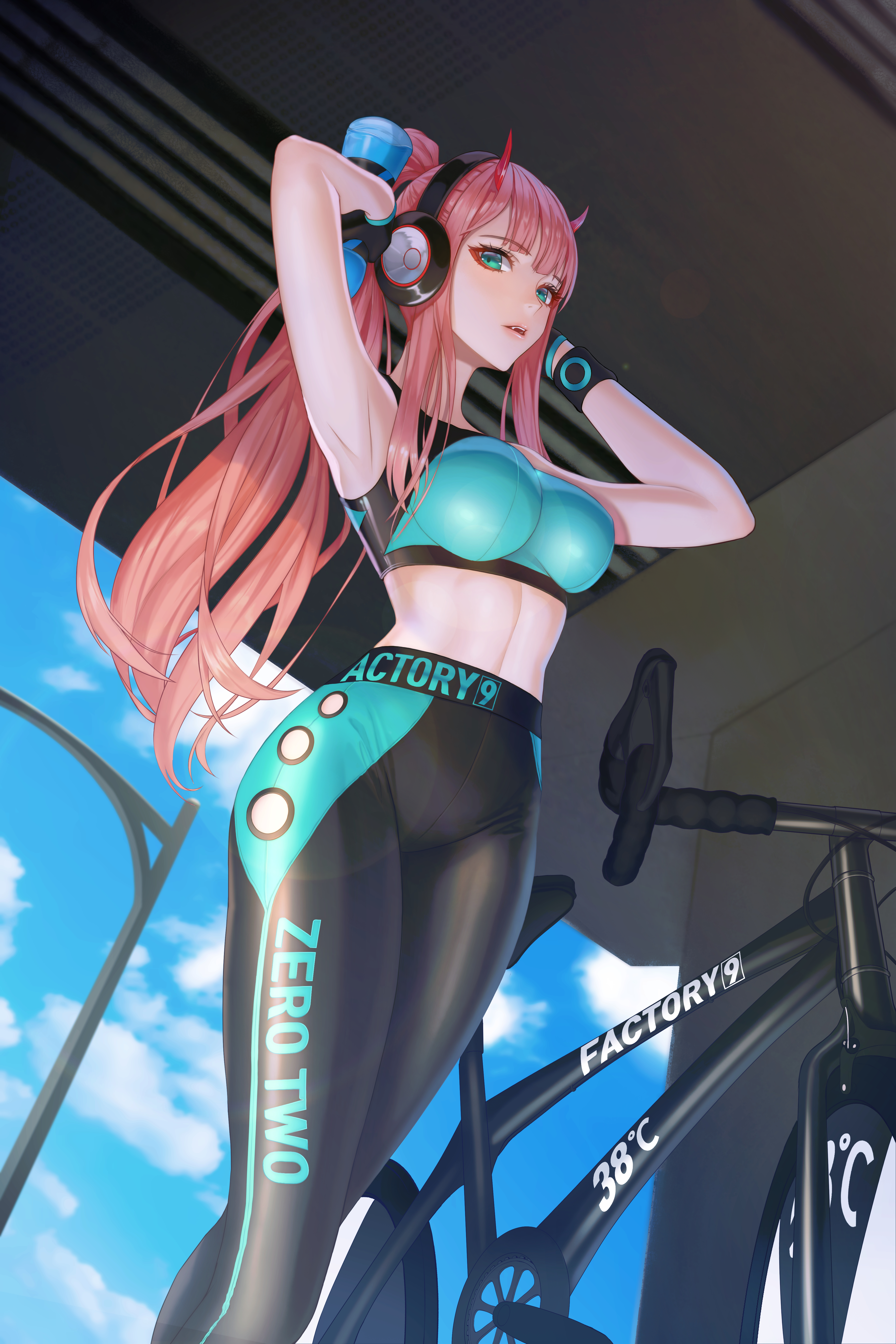 1girls, arm up, armpit, armpit crease, armpit peek, armpits, arms up, big breasts, bike, blue sky, breasts, busty, busty female, clouds, curvaceous, curvaceous body, curvaceous female, curvaceous figure, curvaceous hips, curvy, curvy body, curvy female, curvy figure, curvy hips, darling in the franxx, day, daylight, daytime, female, female only, fintowing, fully clothed, green eyes, green-eyed female, hairless armpits, hand up, hands up, headphones, horn, horns, hourglass figure, indoor, indoors, large breasts, lean figure, narrow waist, pink eyebrows, pink hair, pink-haired female, shaved armpits, shiny clothes, sky, slender body, slender waist, slim waist, sports bra, tight clothing, wide hips, yoga pants, zero two (darling in the franxx)