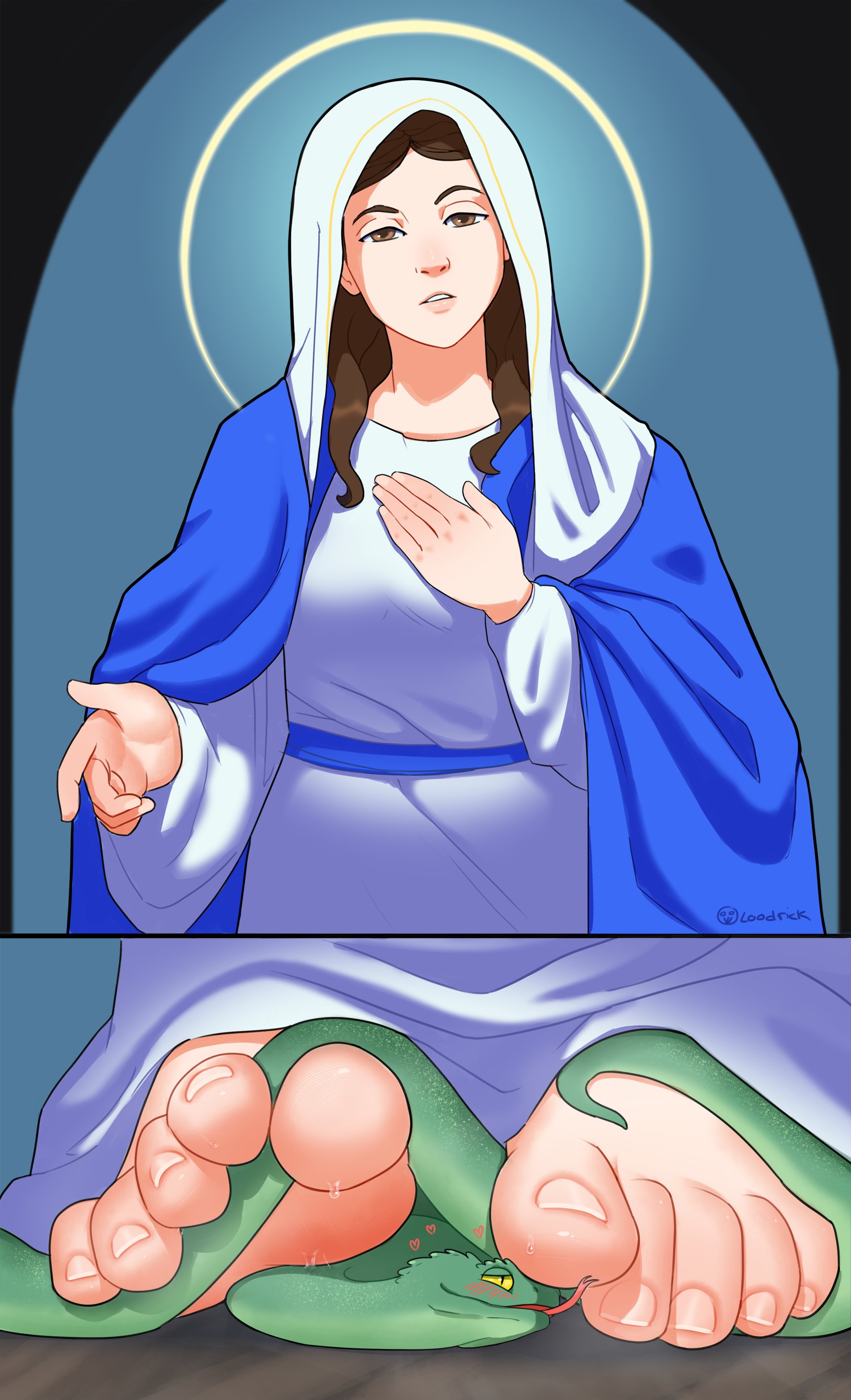 1girls, barefeet, barefoot, bible, blue dress, brown hair, christian, christian cross, christianity, devil, feet, feet focus, feet licking, female, foot fetish, foot lick, holy, holy woman, loodrick, modest, size difference, snake, toes, underfoot, virgin mary, worship