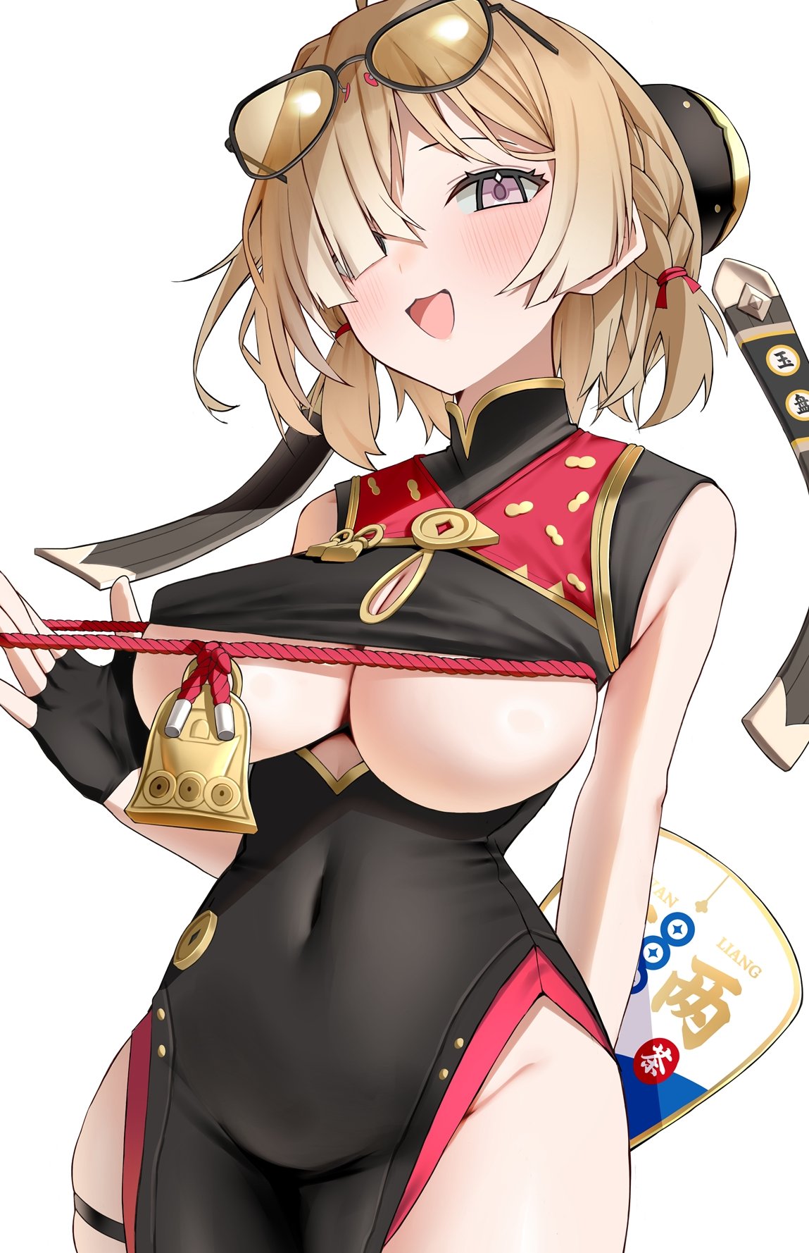 1girls, black dress, black gloves, blonde hair, blush, breasts, china dress, chinese clothes, commentary request, covered navel, dress, eyewear on head, female, female only, fingerless gloves, glasses, gloves, hair over one eye, highres, large breasts, nidaime (doronbo), no panties, open mouth, purple eyes, red rope, rope, short hair, simple background, solo, sweety (zenless zone zero), thighs, white background, zenless zone zero
