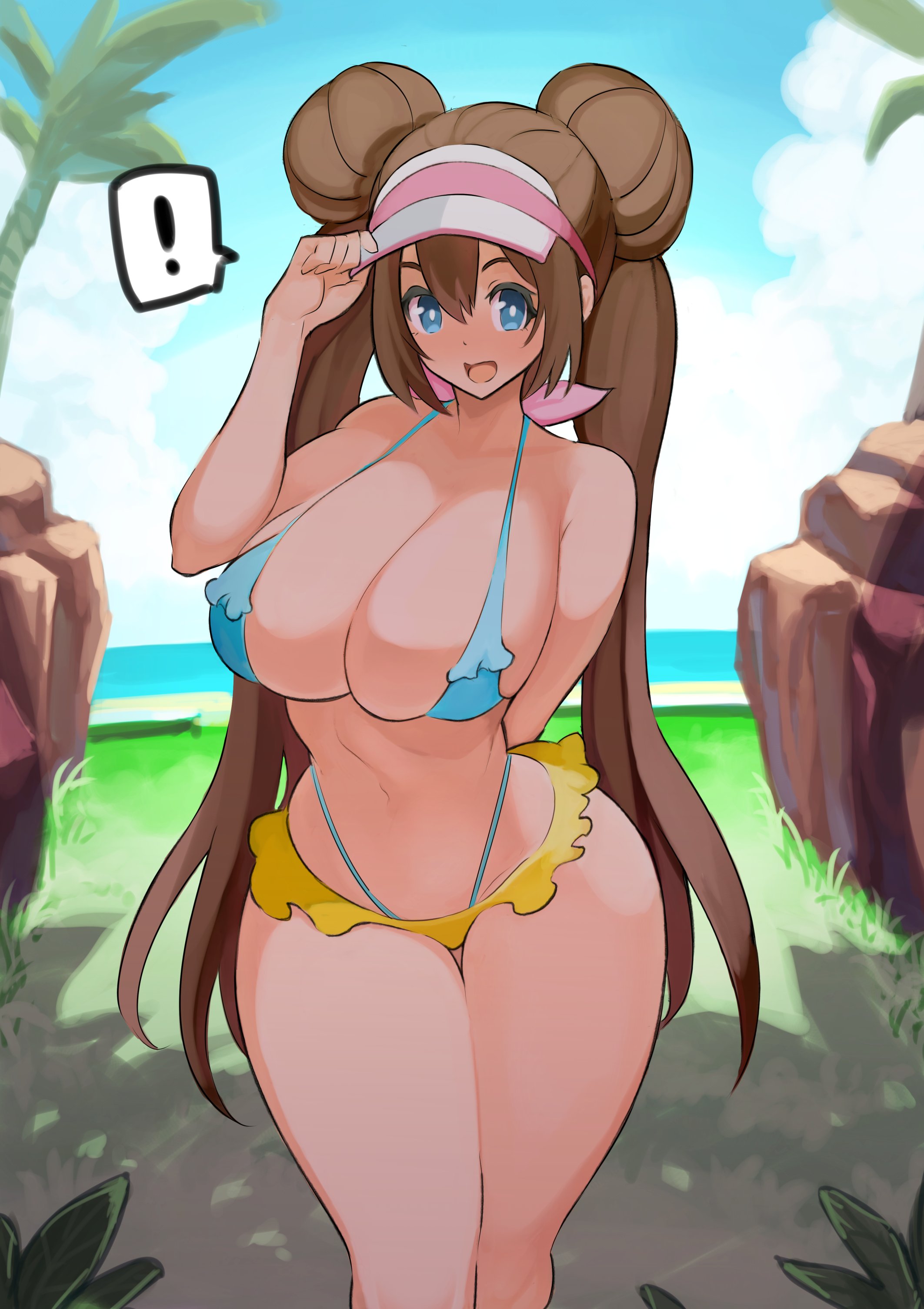 1girls, absurdres, alternate costume, bare shoulders, beach, bikini, blue bikini, blue eyes, blush, breasts, brown hair, brown-haired female, cleavage, donut hair bun, double bun, female, female only, hair bun, highres, large breasts, long hair, looking at viewer, micro bikini, microskirt, miniskirt, nac000, navel, nintendo, open mouth, palm tree, pokemon, pokemon bw2, rosa (pokemon), skirt, smile, solo, stomach, swimsuit, thighs, tree, twintails, visor cap, yellow skirt