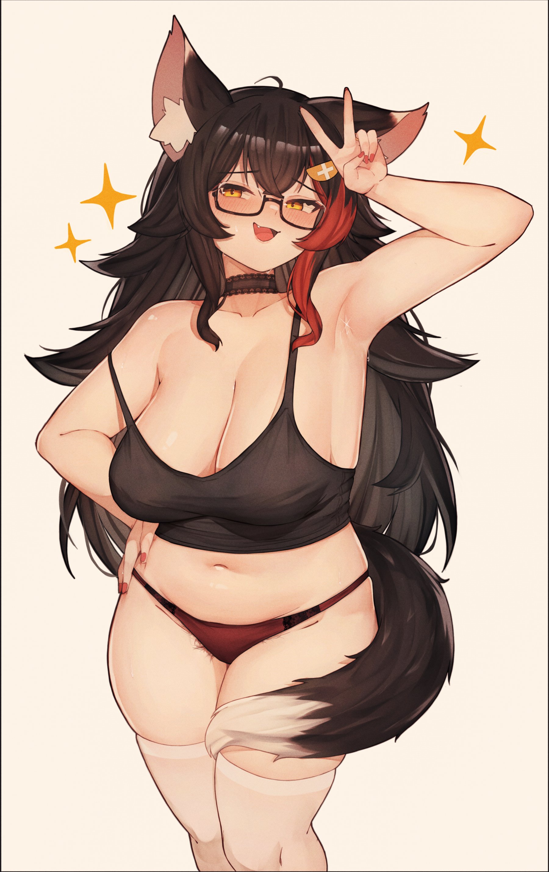 :3, 1girls, animal ears, armpits, bare shoulders, belly, big breasts, black hair, black topwear, blush, breasts, choker, chubby, cleavage, collarbone, cute fang, fangs, female, female only, female pubic hair, glasses, hand on hip, highres, hips, hololive, hololive gamers, hololive japan, kemonomimi, large breasts, legwear, light skin, light-skinned female, long hair, looking away, nail polish, navel, off shoulder, one arm up, ookami mio, open mouth, open smile, panties, peace sign, pubic hair, pubic hair peek, red panties, sagging breasts, skindentation, smile, solo, standing, stockings, stomach, tail, tail around leg, thick thighs, thighhighs, thighs, topwear, v, v sign, varniskarnis, virtual youtuber, white legwear, white stockings, white thighhighs, wide hips, yellow eyes