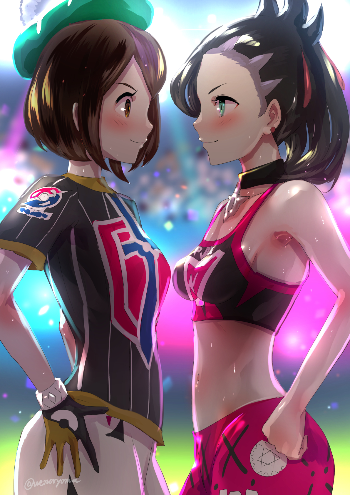 2girls, armpits, asymmetrical bangs, backlighting, bare arms, bare shoulders, black choker, black gloves, black hair, black shirt, black-haired female, blurry, blurry background, blush, breasts, brown eyes, brown hair, brown-haired female, choker, closed mouth, collarbone, commentary request, day, depth of field, earrings, eye contact, face-to-face, female, female only, gloria (pokemon), gloves, green eyes, green headwear, gym challenge uniform, gym leader, hair ribbon, hand on own hip, hat, highres, jewelry, looking at another, marnie (pokemon), medium breasts, midriff, multiple females, multiple girls, navel, nintendo, outdoors, pink shorts, pokemon, pokemon ss, profile, red ribbon, ribbon, shirt, short sleeves, shorts, small breasts, smile, sweat, tam o' shanter, twintails, twitter username, uenoryoma, v-shaped eyebrows, white shorts