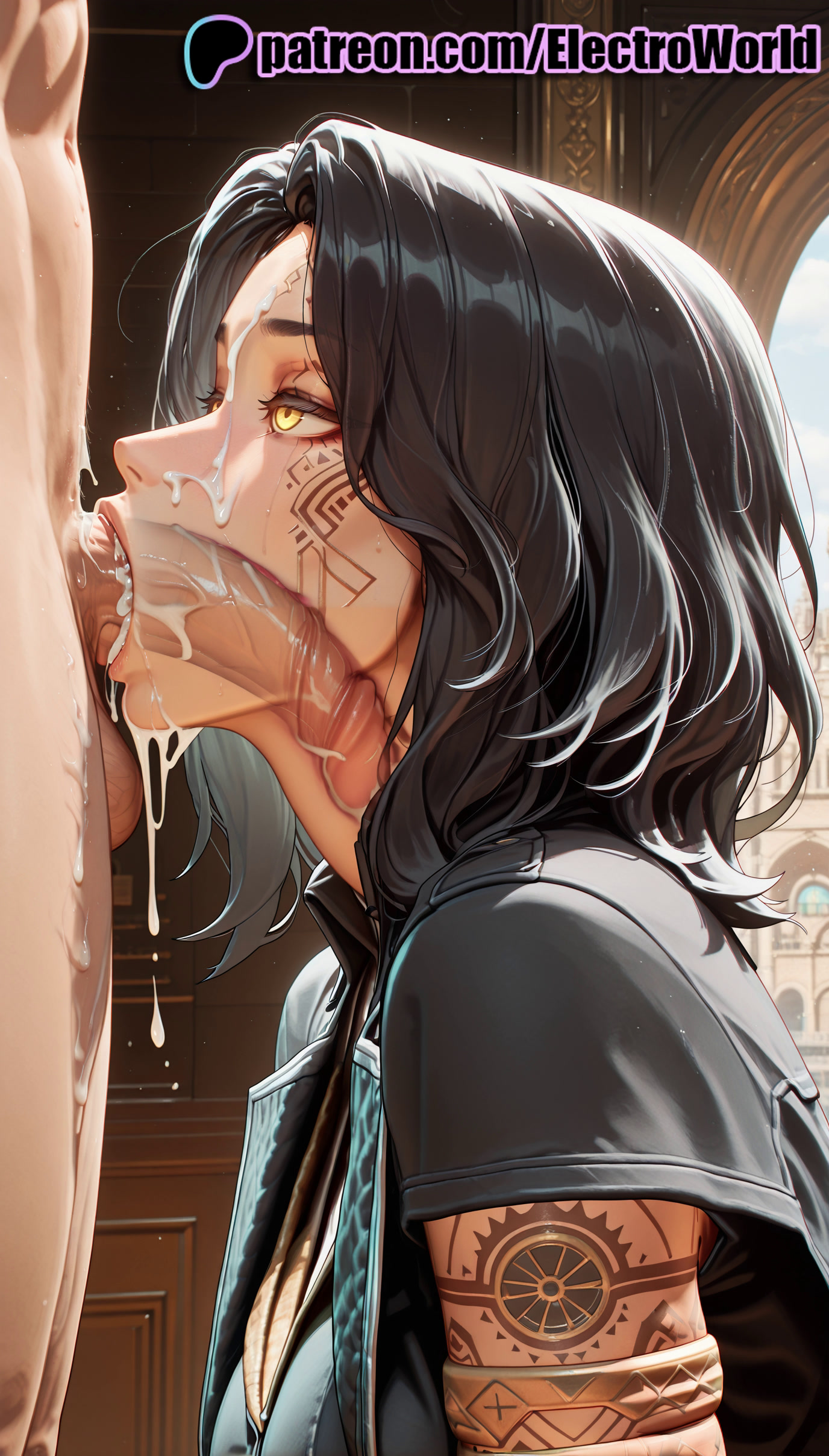1boy, 1girls, 2025, ai generated, artist name, balls, black hair, blowjob, blowjob face, breasts, bust, chest, clair obscur: expedition 33, cleavage, cock, cum, cum in mouth, deepthroat, dick, electroworld, english text, fellatio, female, hi res, high quality, high resolution, highres, licking, lune (clair obscur: expedition 33), male, oral, oral sex, patreon, patreon username, penis, stable diffusion, straight, sucking, testicles, uncensored, watermark, x-ray, yellow eyes