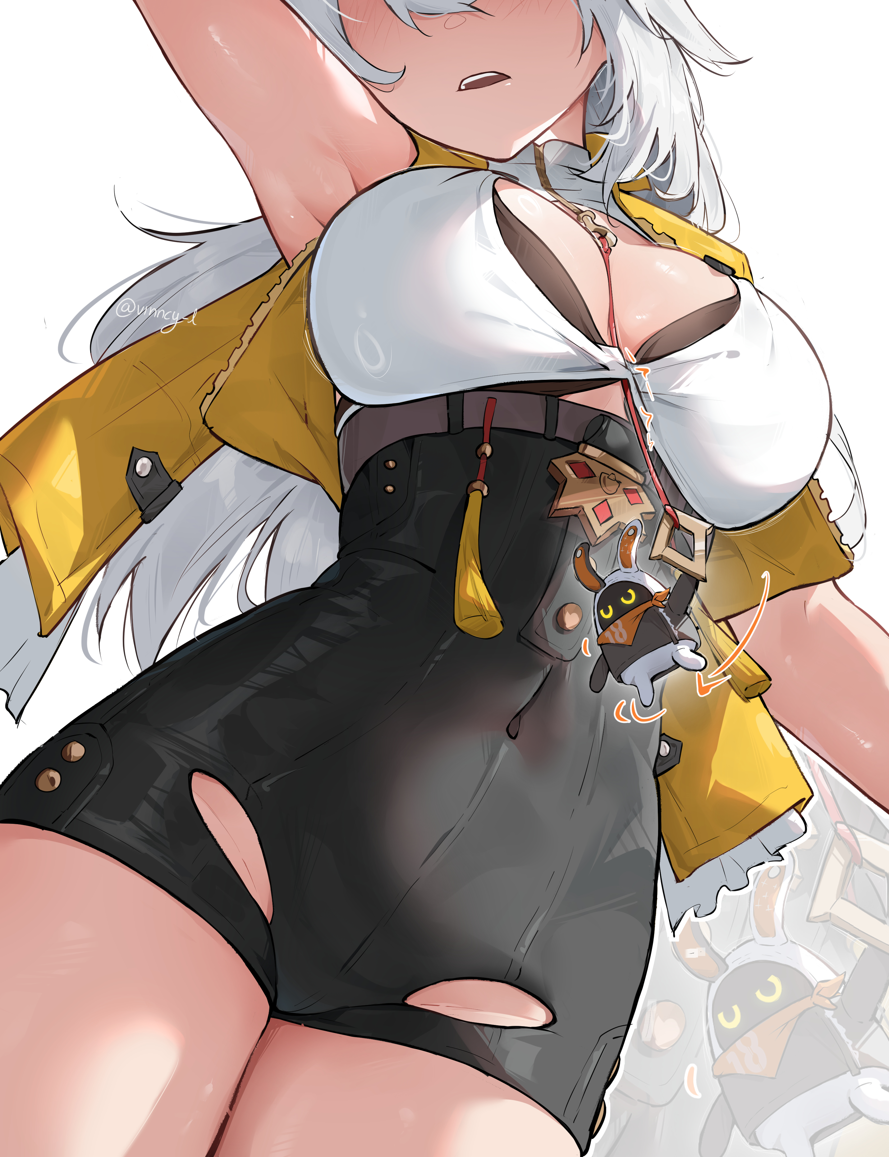 1girls, absurdres, arm up, armpits, bangboo (zenless zone zero), black bra, black shorts, bra, bra peek, breasts, cleavage, commentary, eous (zenless zone zero), female, female only, highres, jacket, large breasts, long hair, paid reward available, parted lips, shirt, shorts, simple background, solo, thighs, underwear, vincent leo, white background, white hair, white shirt, yellow jacket, yixuan (zenless zone zero), yunkui summit, zenless zone zero