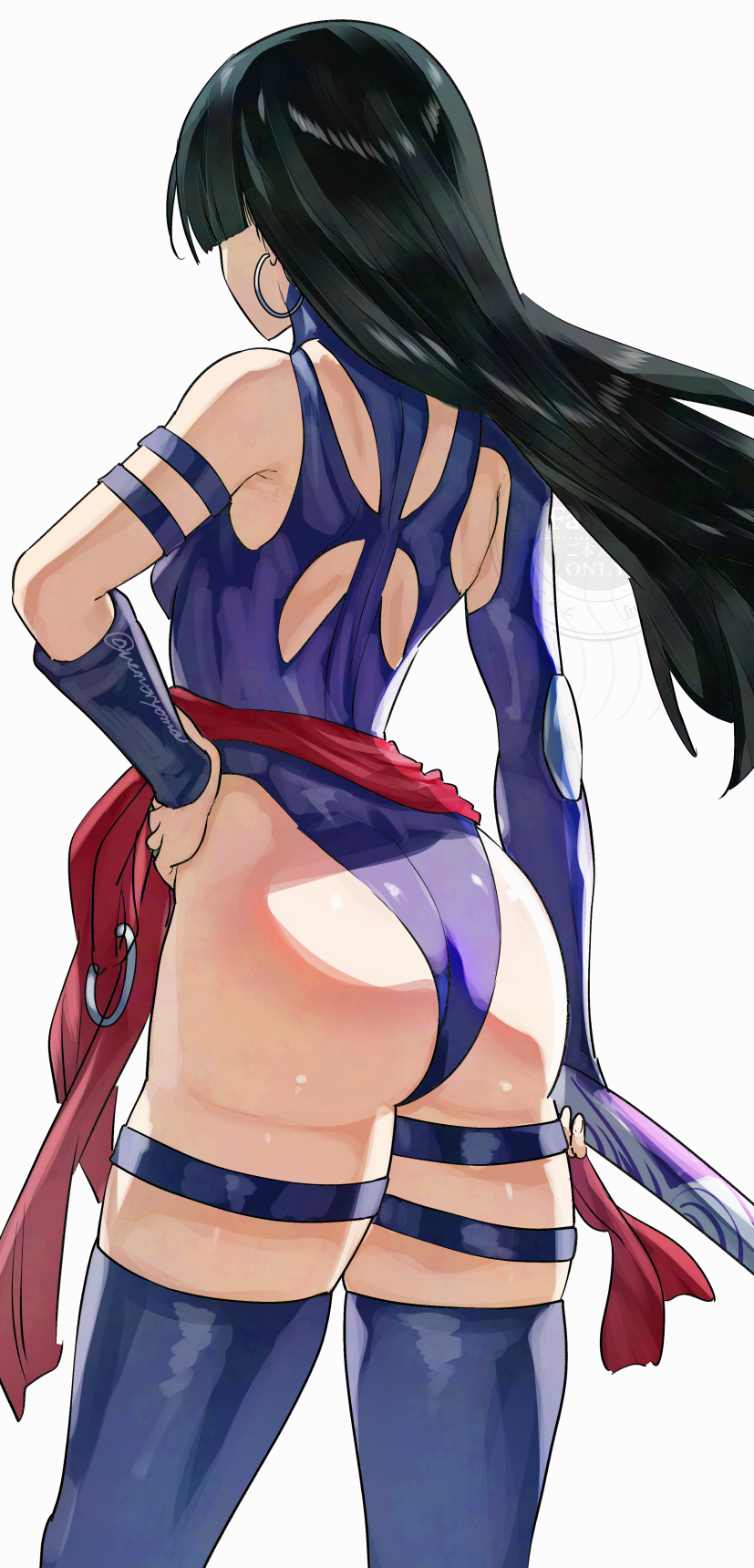 1girls, ass, back, bare shoulders, black hair, breasts, female, female only, highleg, highleg leotard, highres, huge ass, large breasts, leotard, long hair, marvel, marvel comics, marvel rivals, psylocke, psylocke (sai) (vengeance), purple leotard, solo, solo female, thighhighs, thighs, uenoryoma, x-men