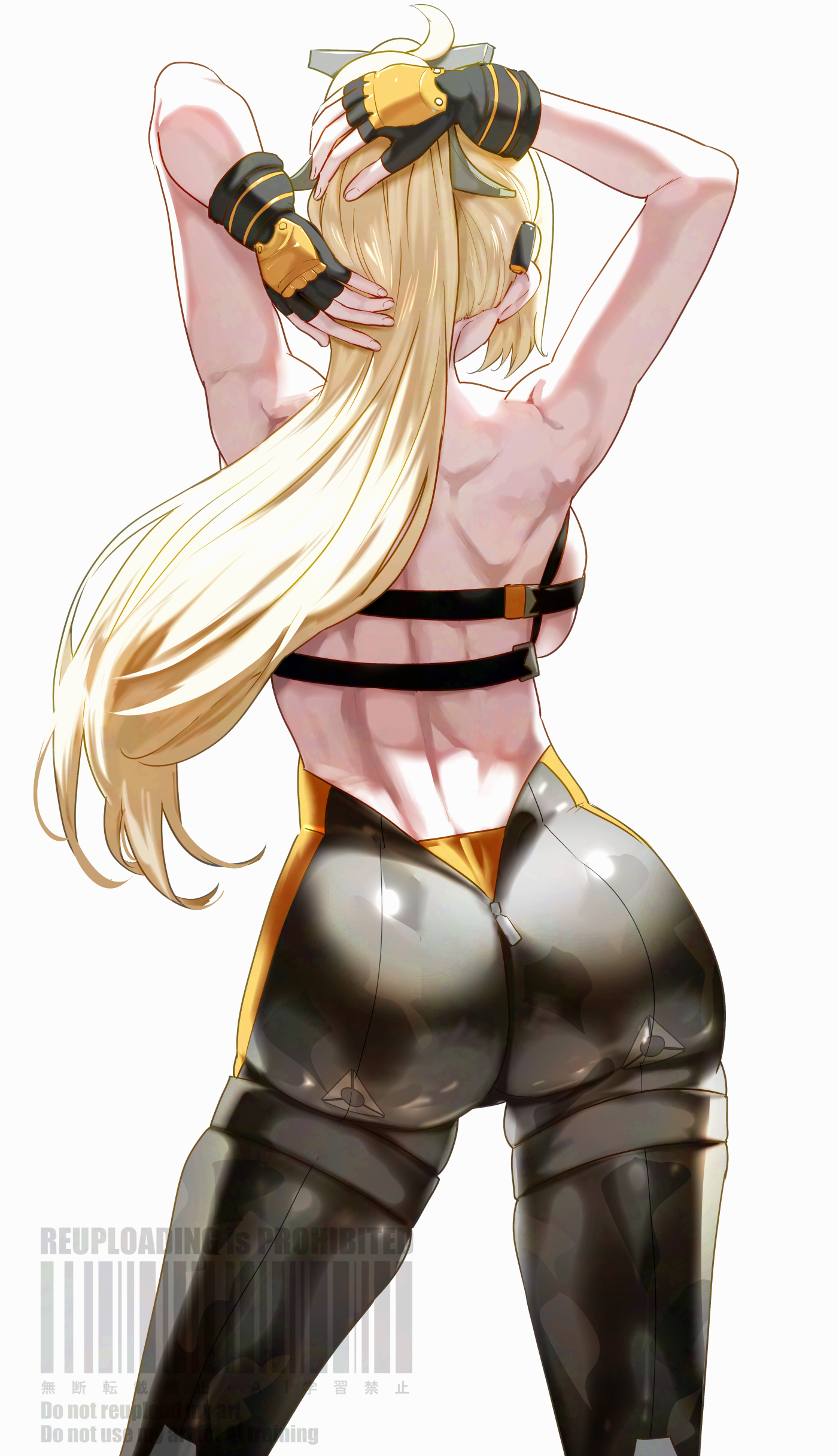 1girls, absurdres, ass, back, bare shoulders, black gloves, black pants, blonde hair, breasts, female, female only, fingerless gloves, gloves, highres, huge ass, large breasts, long hair, pants, ponytail, solo, thighs, tight clothes, tight pants, trigger (zenless zone zero), uenoryoma, zenless zone zero