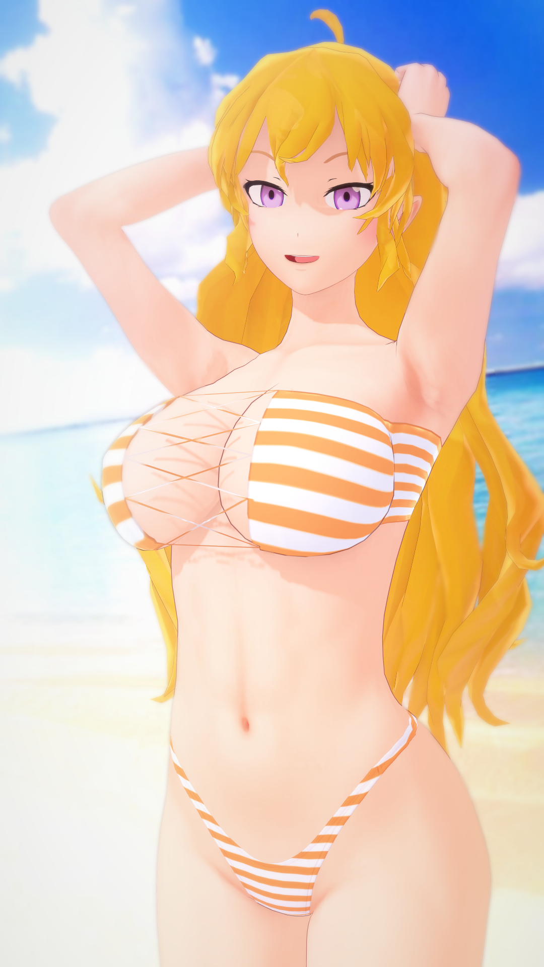 1girls, 3d, armpits, arms behind head, beach, big breasts, bikini, blonde hair, breasts, busty, cleavage, female, female only, hi res, large breasts, long hair, looking at viewer, navel, nyxxzeiss, ocean, open mouth, pose, posing, purple eyes, rwby, seductive, seductive look, seductive smile, sensual, sexy, sexy armpits, sexy pose, smile, solo, tongue, voluptuous, water, yang xiao long