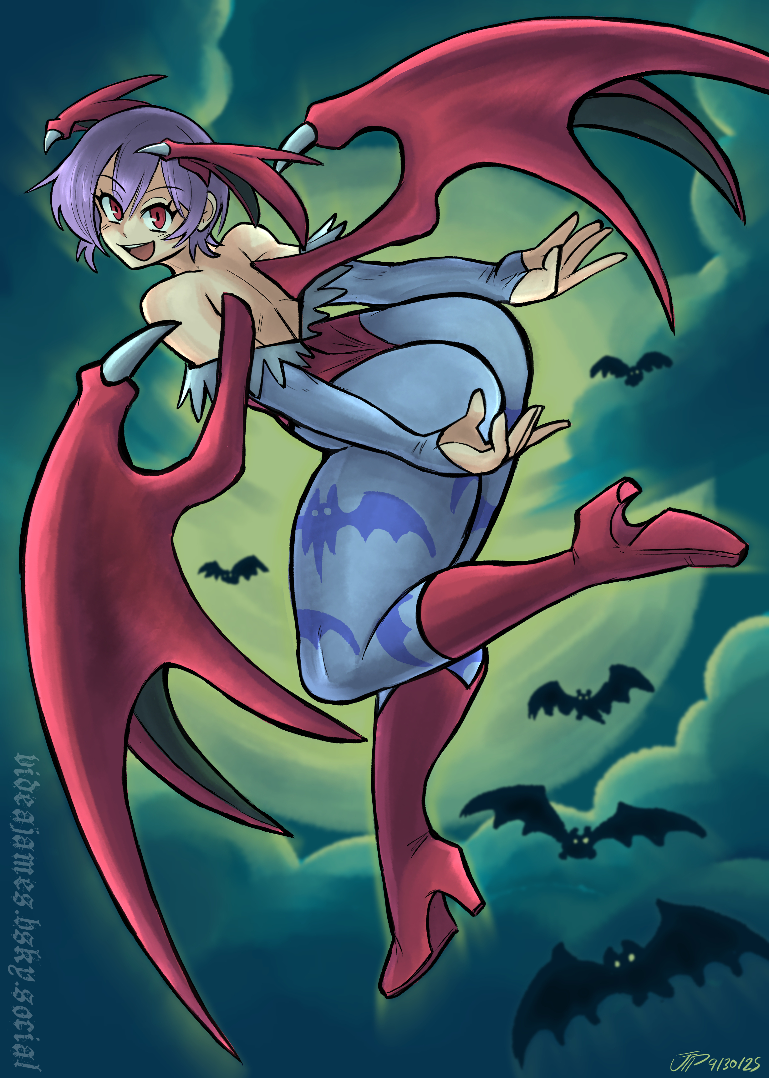 1girls, animal print, artist name, ass, bare shoulders, bat, bat print, bat wings, big ass, boots, bridal gauntlets, capcom, darkstalkers, demon girl, female, female only, flying, head wings, high heel boots, high heels, leotard, lilith aensland, moon, open mouth, pantyhose, print legwear, purple hair, red eyes, red leotard, short hair, solo, succubus, videajames, wings