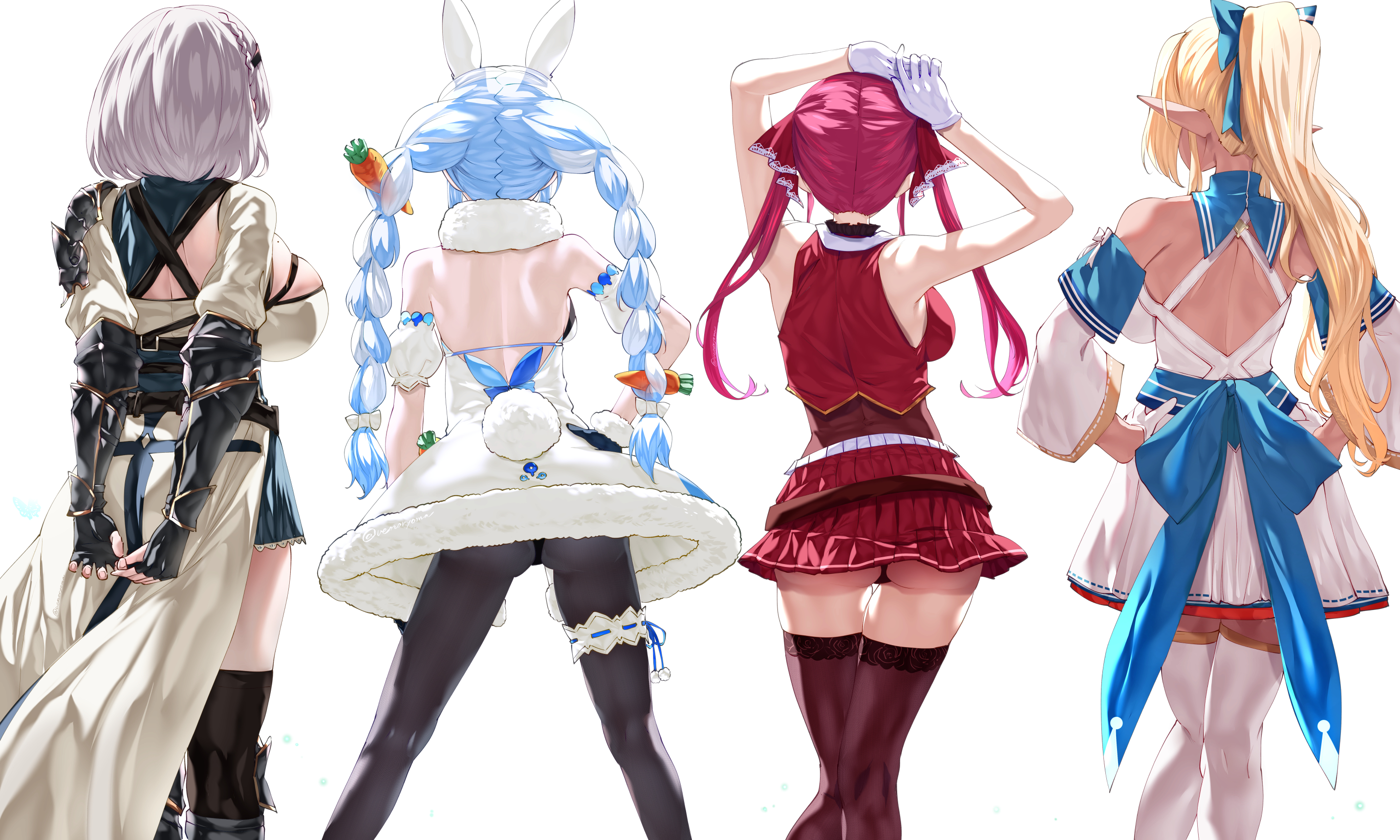 4girls, animal ears, arm garter, armor, arms behind back, arms up, ass, back, backless outfit, bare back, bare shoulders, black gloves, black leotard, black pantyhose, black thighhighs, blonde hair, blue hair, blue skirt, bow, bow skirt, braid, breasts, carrot hair ornament, criss-cross back-straps, cropped jacket, dark skin, dark-skinned female, detached sleeves, elf, facing away, fake animal ears, feet out of frame, female, female only, fingerless gloves, food-themed hair ornament, from behind, gloves, hair ornament, hairbow, hand on own hip, hands on own hips, high ponytail, highres, hololive, hololive fantasy, hololive japan, houshou marine, huge breasts, jacket, large breasts, leotard, leotard under clothes, long hair, long sleeves, median furrow, medium breasts, miniskirt, mole, mole on breast, multicolored hair, multiple females, multiple girls, panties, pantyhose, pantyshot, pointy ears, ponytail, rabbit ears, rabbit tail, red jacket, red skirt, shiranui flare, shiranui flare (1st costume), shirogane noel, shirogane noel (1st costume), shirt, short hair, shoulder blades, sideboob, sidelocks, simple background, skirt, skirt set, sleeveless, sleeveless jacket, standing, tail, thigh gap, thighhighs, thighs, twin braids, twintails, two-tone hair, uenoryoma, underwear, usada pekora, usada pekora (1st costume), virtual youtuber, white background, white bow, white gloves, white hair, white skirt, white sleeves, white thighhighs, wide sleeves