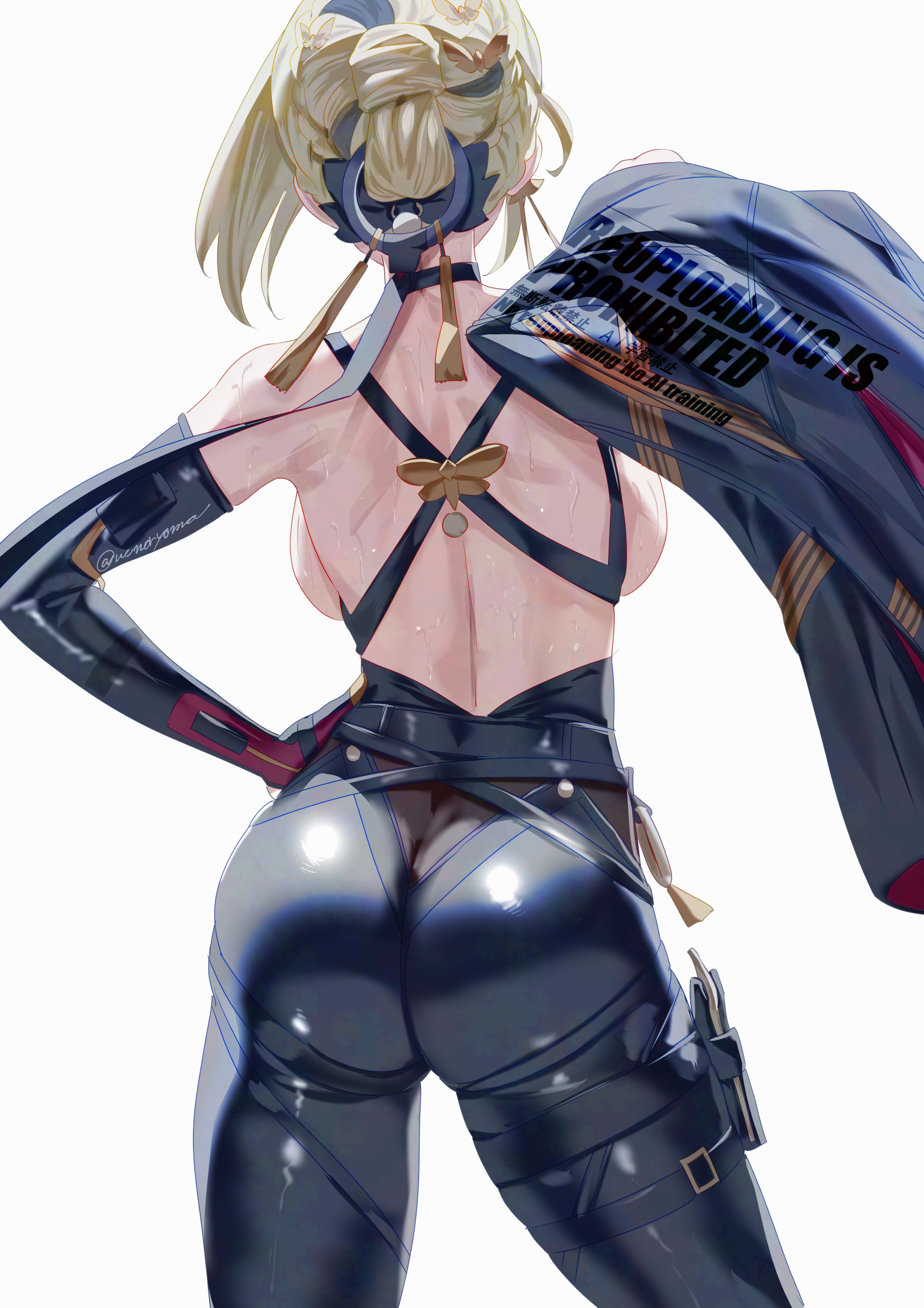 1girls, absurdres, ass, ass crack, back, backboob, black gloves, black pants, blonde hair, breasts, butt crack, chest harness, elbow gloves, evelyn chevalier, facing away, female, female only, from behind, gloves, hair ornament, hand on own hip, harness, highres, holding, holding jacket, holding unworn clothes, holster, jacket, pants, simple background, single elbow glove, solo, sweat, thigh holster, tight clothes, tight pants, topless female, uenoryoma, unworn jacket, white background, zenless zone zero
