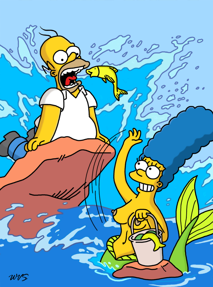 bald blue_hair breasts bucket clothing color curly_hair exposed_breasts female fish hair homer_simpson human interspecies long_hair male marge_simpson mermaid mouth nudity open_mouth pants rock shirt shoes skin smile the_simpsons tongue water wvs yellow_skin