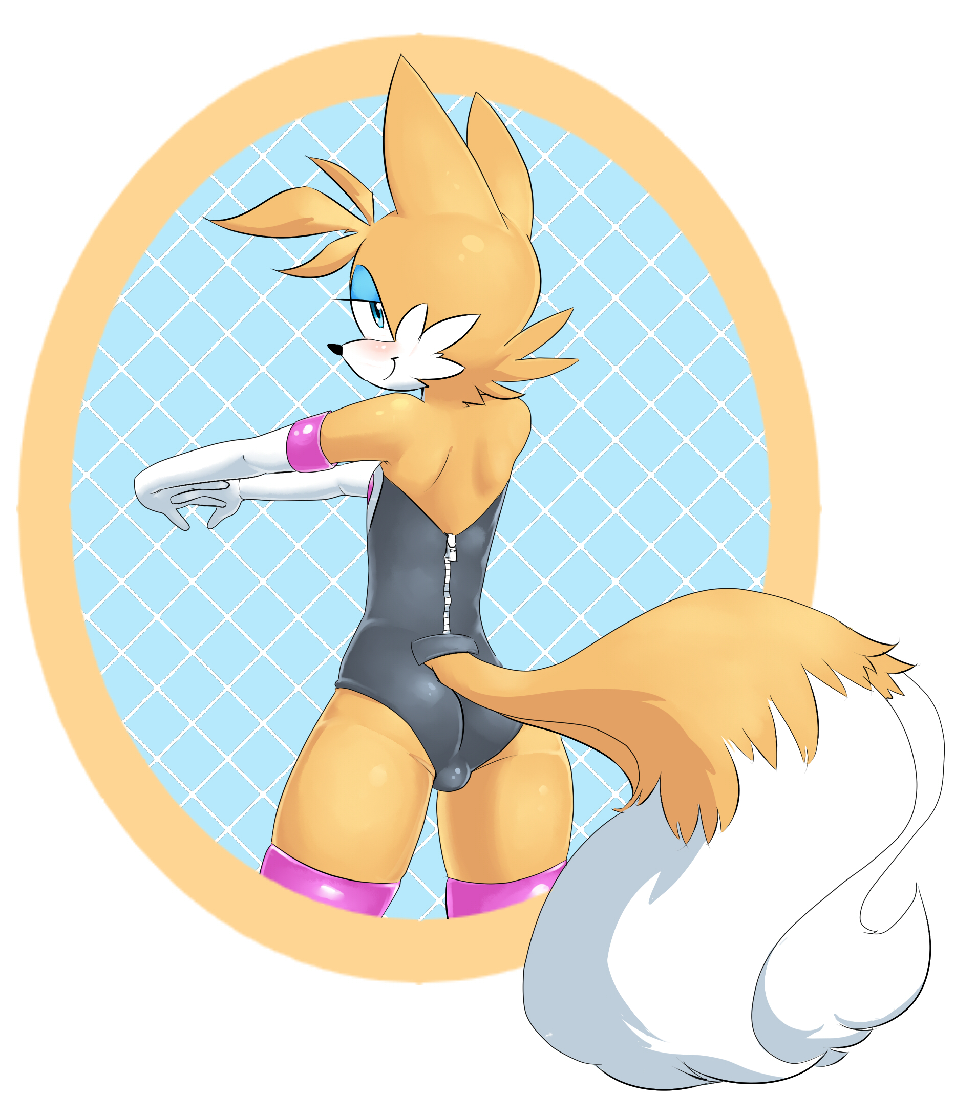 1boy, 2015, androgynous, anthro, ass, back view, balls, balls in leotard, blush, body fur, bulge, canine, clothed, cosplay, crossdressing, crossplay, eyeshadow, femboy, fox, fox boy, fox tail, fur, furry, furry only, girly, highres, hourglass figure, leotard, looking at viewer, looking back, makeup, male, male only, mammal, multi tail, rouge the bat (cosplay), sega, sissy, smile, solo, sonic (series), sonic the hedgehog (series), sparkydb, stretching, tagme, tail, tails, tails the fox, thick thighs, thighhighs, trap, white fur, yellow fur, zipper