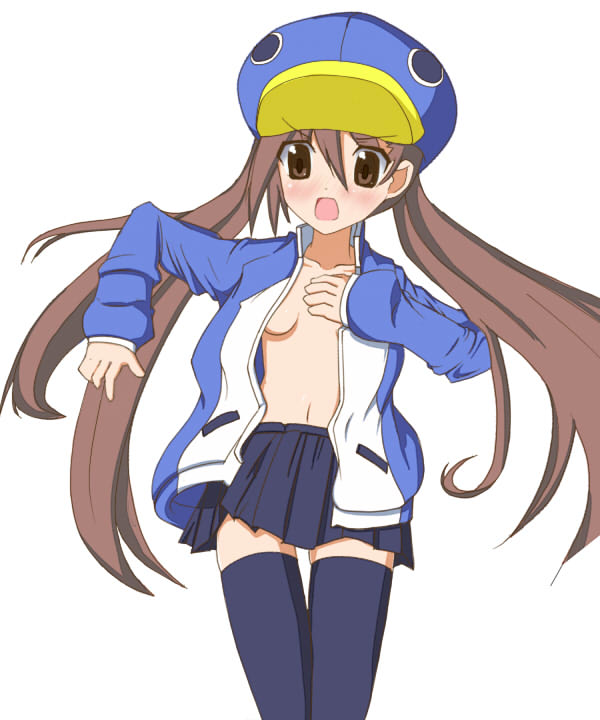 1girls brown_hair cap disgaea disgaea_4 fuka_kazamatsuri jacket no_bra open_mouth skirt small_breasts stockings twintails