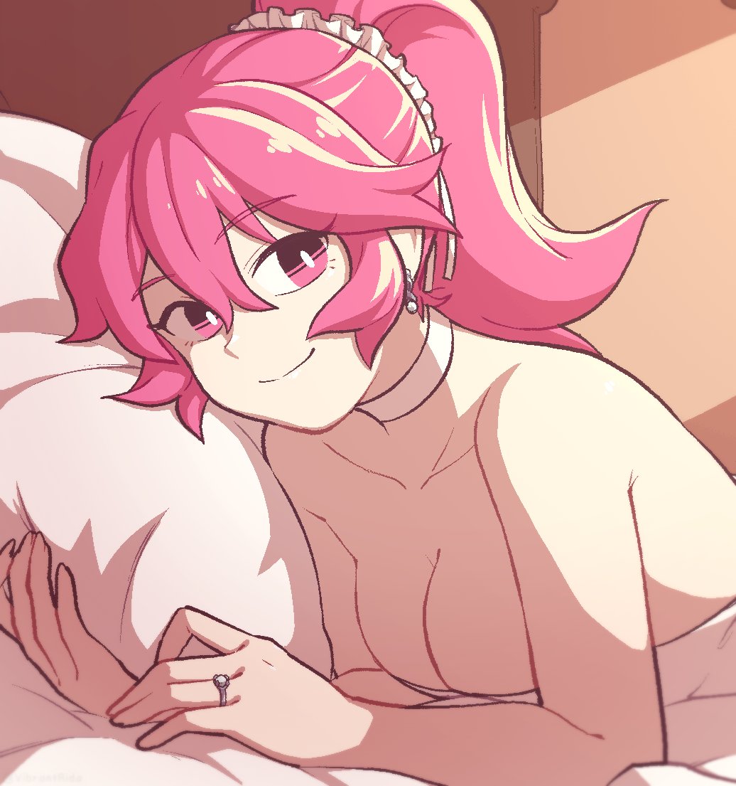 breasts cute female lewdismug on_bed pink_hair rida_(vibrantrida) ring_(jewelry) smiling smiling_at_viewer vibrantrida wedding_dress