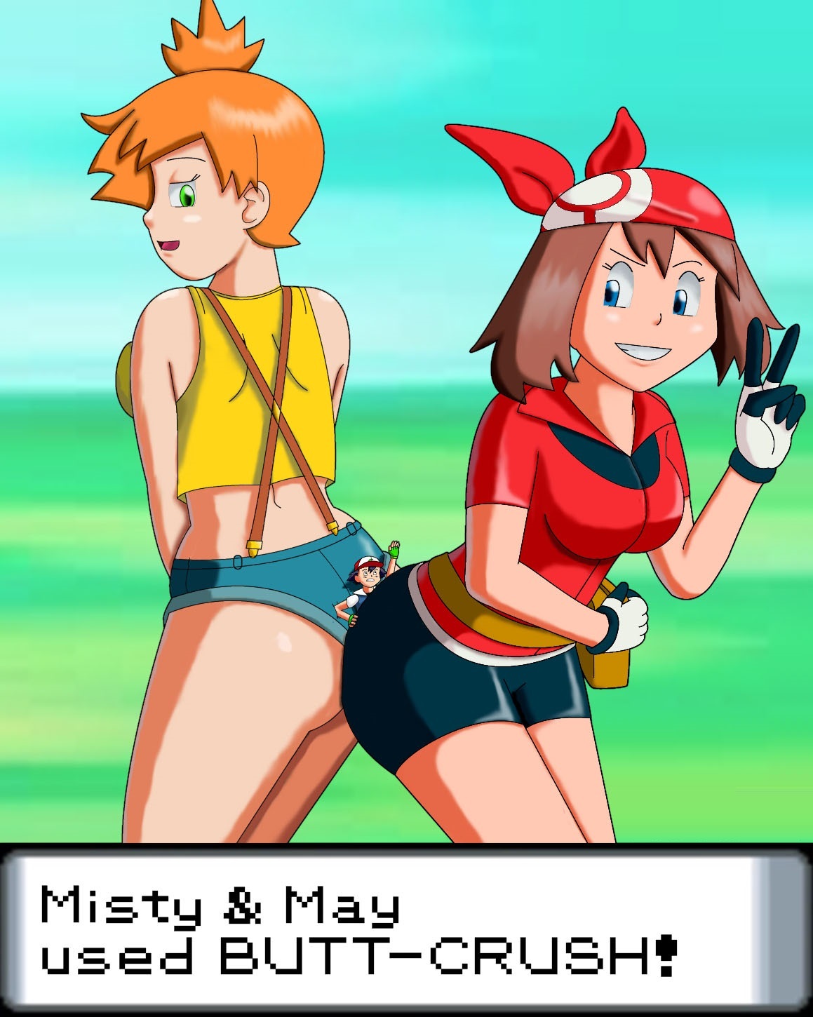 1boy, 2girls, ash ketchum, ass, assjob, back, bag, bandana, belt pouch, bike shorts, blue eyes, brown hair, buttjob, clothed, clothed female, clothed sex, collaborative buttjob, collaborative sex, denim, denim shorts, double buttjob, female, from behind, from behind position, gameplay mechanics, giantess, green eyes, huge ass, human, human only, kasumi (pokemon), looking back, male, may (pokemon), misty (pokemon), orange hair, penis, pokemon, pokemon (anime), pokemon battle, rubbing, short ponytail, short shorts, shorts, side ponytail, smile, tease, teasing, wide hips