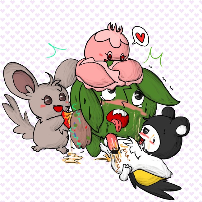 1boy 3girls accumulate blush emolga frillish furry heart heart_background minccino nintendo penis pokemon pokemon_(species) pussy source_request tongue tongue_out trubbish year_request