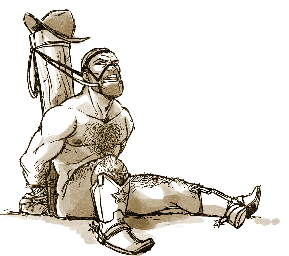 angry_face anonymonster bit_gag cowboy_boots cowboy_hat engineer engineer_(team_fortress_2) erect_nipples gag hairy_chest legs_held_open looking_to_the_side male male_only naked_footwear no_visible_genitalia post reins restrained sketch solo spurs team_fortress_2 tied_hands