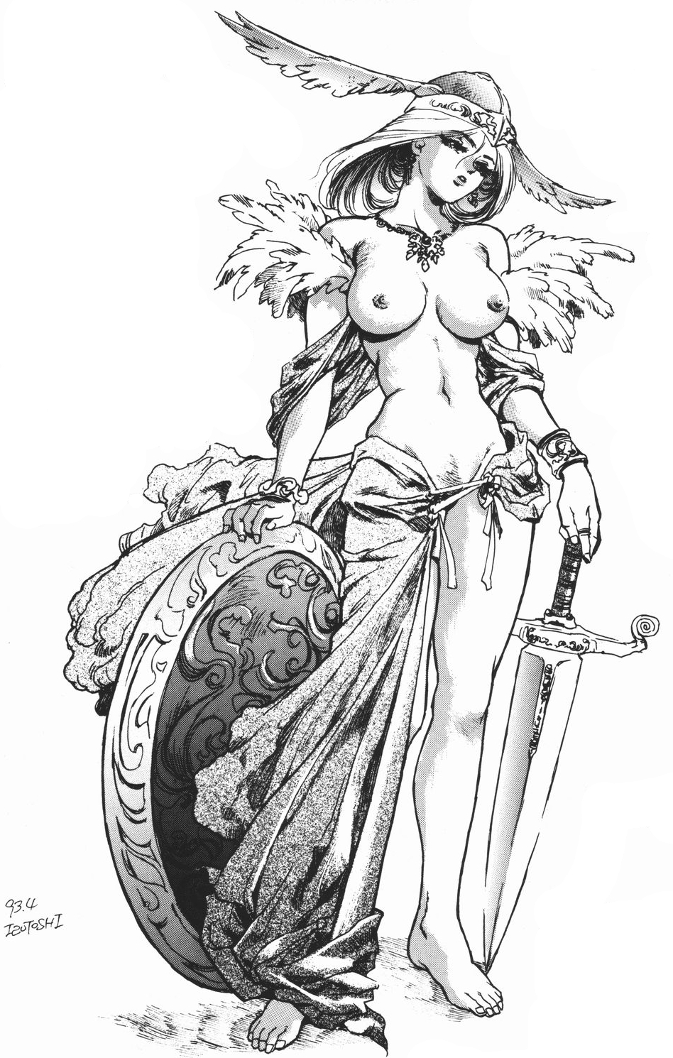 1990s 1993 20th_century breasts dated female female_only front_view helmet isutoshi light_skin monochrome mythology norse_mythology public_domain shield signature solo standing straight_hair sword tagme valkyrie valkyrie_(lov)