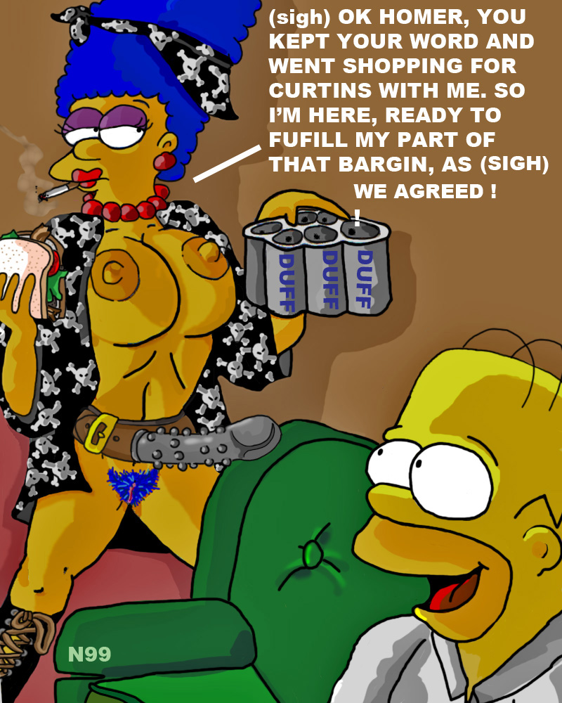 1boy 1girls beer blue_hair breasts cigarette clothes color couch curly_hair dialog dildo english_text exposed_breasts eyes eyeshadow female food hair homer_simpson human indoors lipstick long_hair male marge_simpson necron99 open_clothes open_eyes sandwich sex_toy skin smoking straight strap-on text the_simpsons yellow_skin