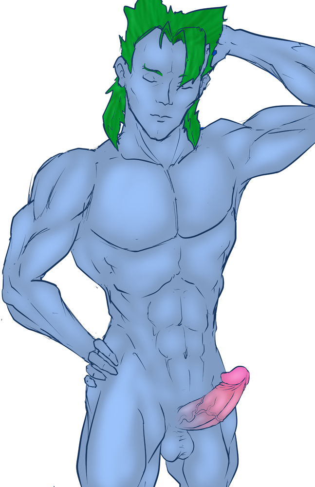 1male abs alien ballsack blue_skin captain_planet captain_planet_and_the_planeteers closed_eyes clothes_removed erection green_hair hand_on_head hand_on_hip male male_only muscular naked no_nipples no_pubic_hair pink_penis pinup presenting_penis solo tagme white_background