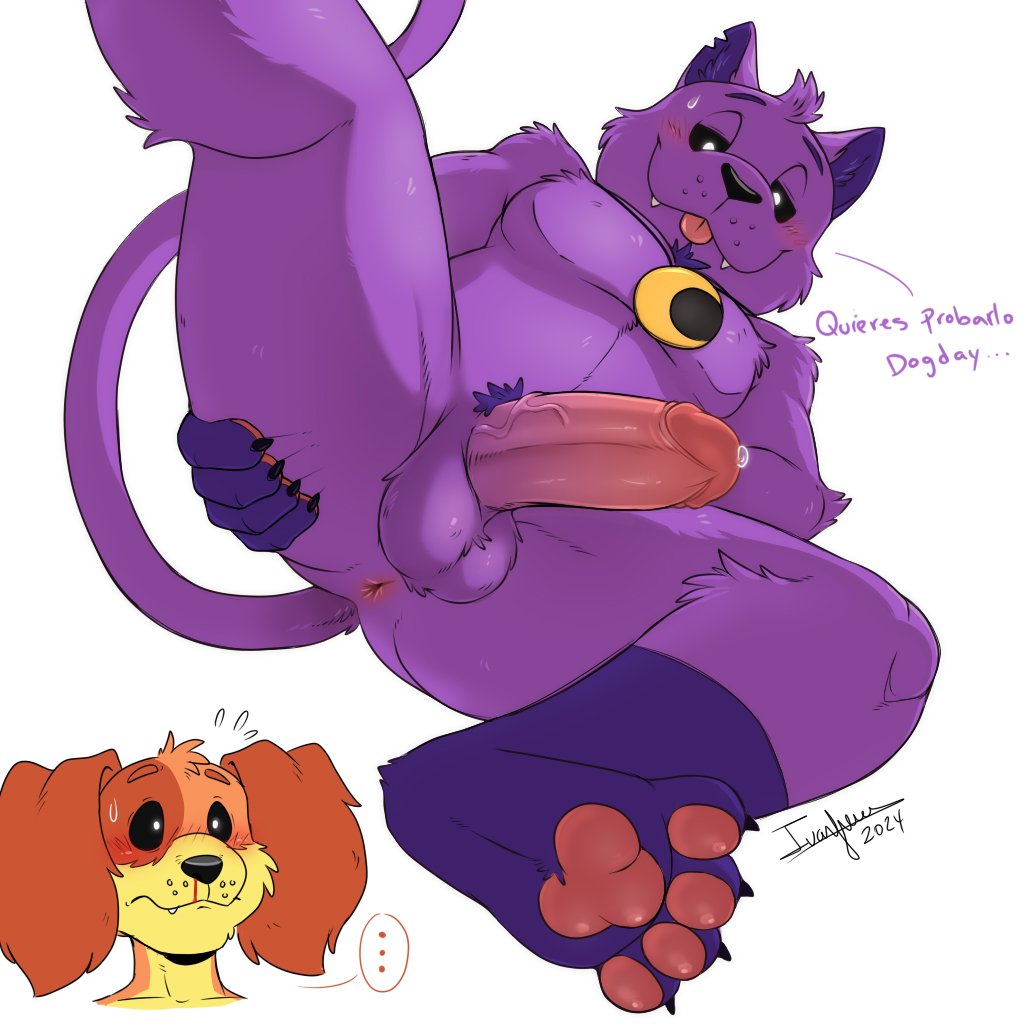 1boy, 1boys, 1male, 2024, 2024s, 2d, 2d (artwork), 2d artwork, absurd res, absurdres, anthro, anthro male, anthro on anthro, anthro only, anthrofied, ass, balls, barefoot, big ass, big butt, big mouth (anatomy), black eyes, black nose, black sclera, canid, canine, canis, catnap, catnap (poppy playtime), cock, collar, collar only, colored, critters (poppy playtime), crossed arms, digital art, digital drawing, digital drawing (artwork), digital media, digital media (artwork), digital painting, digital painting (artwork), dog boy, dog ears, dog humanoid, dog tail, dogboy, dogday, dogday (poppy playtime), doggy, domestic cat, domestic dog, eyebrows, feet, feline, floppy ears, fur, furry, furry male, furry only, grey background, huge ass, huge butt, ijpalett-color, jewelry, large ass, large butt, long tail, male, male anthro, male focus, male only, mammal, mob entertainment, mob games, necklace, no humans, open mouth, orange body, orange collar, orange ears, orange fur, orange tail, pendant, penis, poppy playtime, poppy playtime (chapter 3), pupils, purple fur, purple skin, purple tail, simple background, smiling critters, standing, sun necklace, sun pendant, sun symbol, symbol on ass, symbol on butt, tagme, tail, testicles, thick, thick ass, thick butt, thick thighs, thighs, tongue, video games, white eyes, white pupils