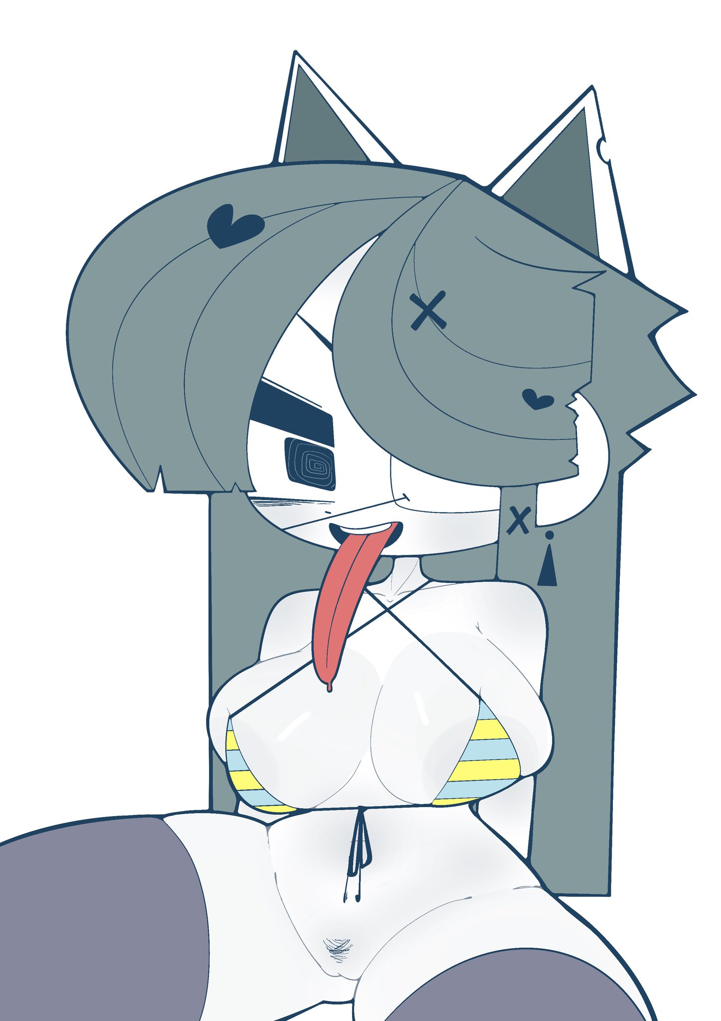 1anthro, 1girls, 4 ears, anthro, bikini, bikini top, black eyebrows, black eyes, black legwear, bottomless, breasts, cat ears, crazy, crazy eyes, crazy female, crazy smile, curvaceous, curvy, curvy body, curvy female, curvy figure, dog ears, eyepatch, female, freak, freaky, furry, grey hair, hair ornament, hi res, hss dada, huge breasts, huge thighs, insane, long hair, long tongue, pubic hair, small bikini, striped bikini, striped clothing, temmie, temmie (undertale), thick thighs, thighhighs, thighs, thin neck, tongue, tongue out, white background, white body, white fur, white skin
