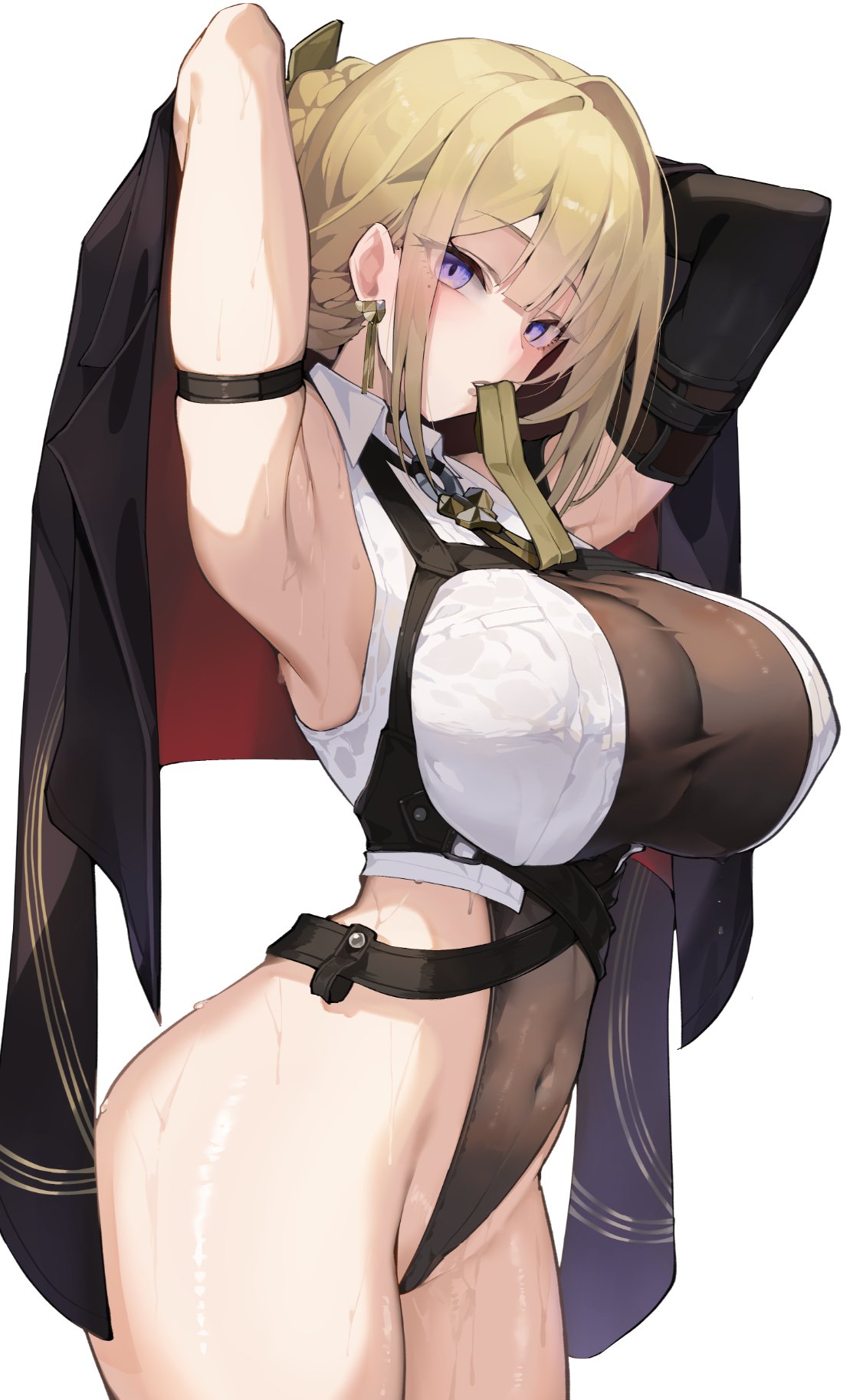 arm strap, armpits, arms up, black leotard, blonde hair, breasts, collared shirt, covered navel, earrings, evelyn chevalier, female, female only, highleg, highleg leotard, highres, jewelry, large breasts, leotard, looking at viewer, purple eyes, satou daiji, shirt, simple background, solo, sweat, white background, white shirt, zenless zone zero