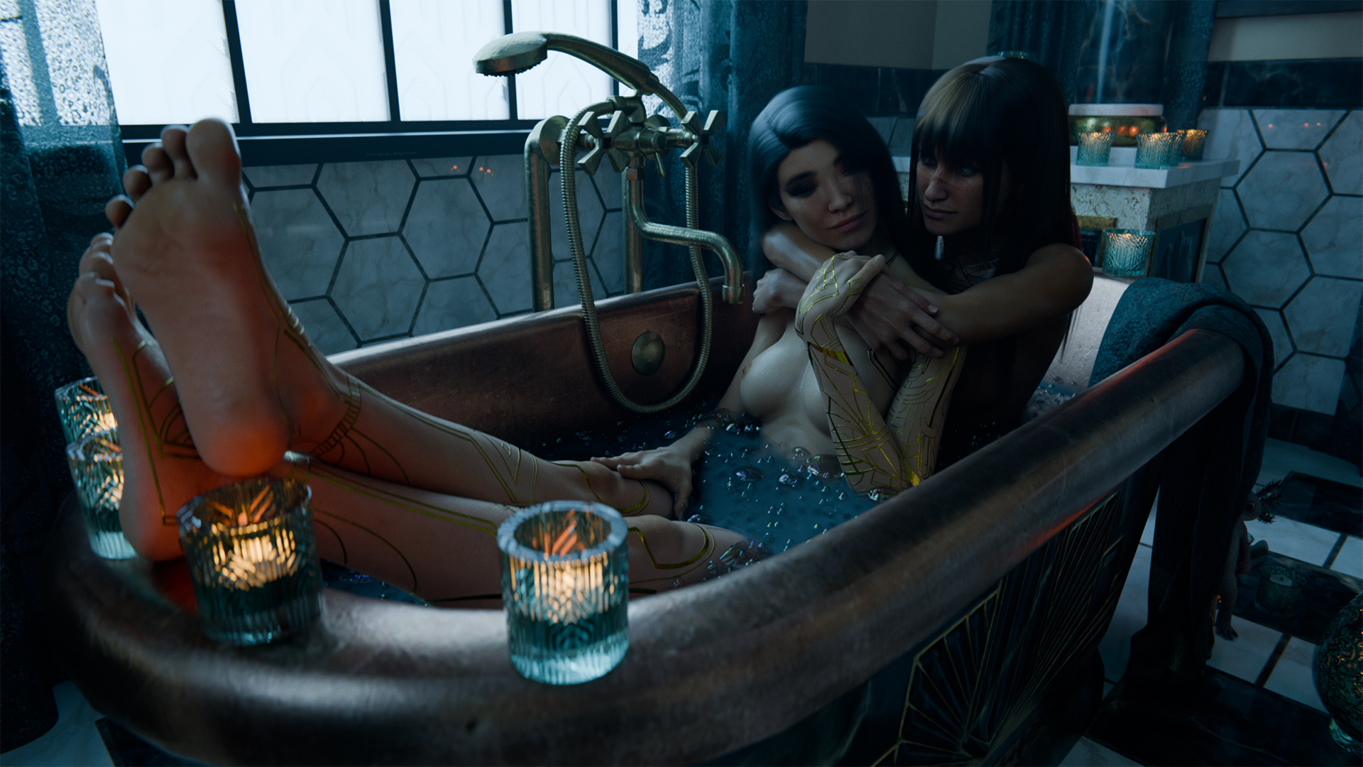 2girls, 3d, akidia, asian, asian female, bath, black hair, breasts, clair obscur: expedition 33, closed eyes, couple, embrace, embrace from the behind, feet, female, female only, foot fetish, hug, hugging, hugging from behind, interracial, lune (clair obscur: expedition 33), nude, romantic, scar, sciel (clair obscur expedition 33), soles, wholesome, yuri