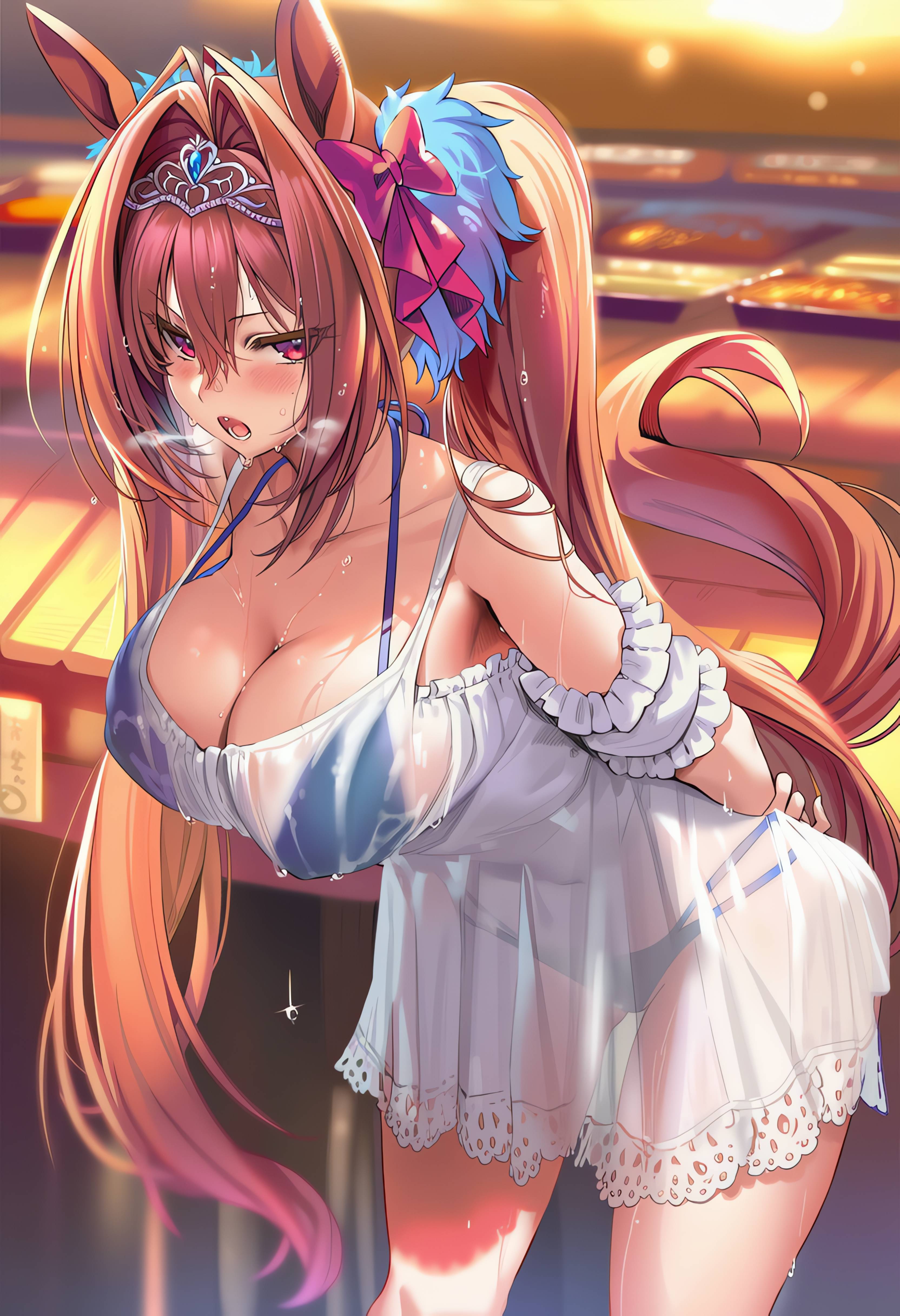 ai generated, animal ears, artist request, breasts, daiwa scarlet (umamusume), female, hips, horse girl, pussy, red eyes, ribbon in hair, tiara, translucent clothing, twintails, umamusume, umamusume pretty derby