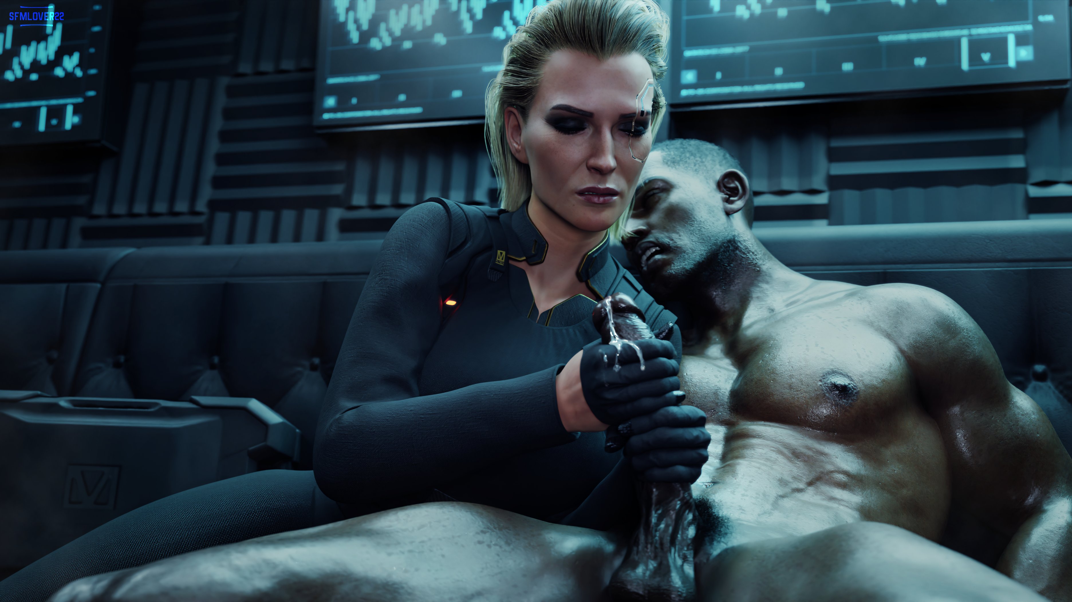 1boy, 1girls, 3d, blonde hair, cd projekt red, clothed, cum, cum on hands, cyberpunk 2077, dark-skinned male, female, gloved handjob, gloves, handjob, handjob with gloves, interracial, male, mature, mature female, meredith stout, nude, penis, sfmlover22