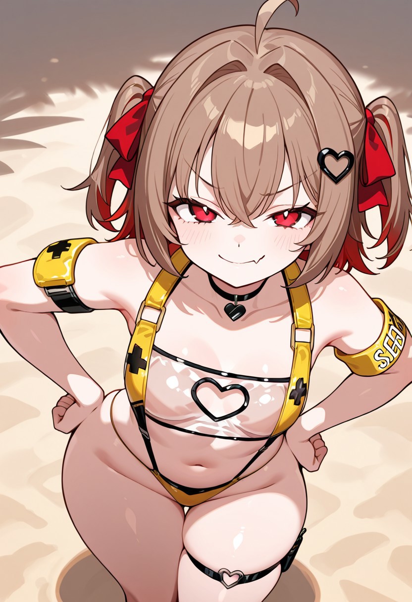 2025, ai generated, alternate version available, belly, blush, breasts, brown hair, choker, cosplay, crossover, elegg (nikke) (cosplay), evil neuro, evya 171, eyebrows, eyebrows visible through hair, eyelashes, female, female only, flesh fang, goddess of victory: nikke, hands on hips, hands on own hips, hourglass figure, looking at viewer, medium breasts, navel, red eyes, sling bikini, slingshot bikini, slingshot swimsuit, standing, thick thighs, thigh strap, thighs, twintails, vedal ai, virtual youtuber, wide hips, yellow sling bikini, yellow slingshot swimsuit