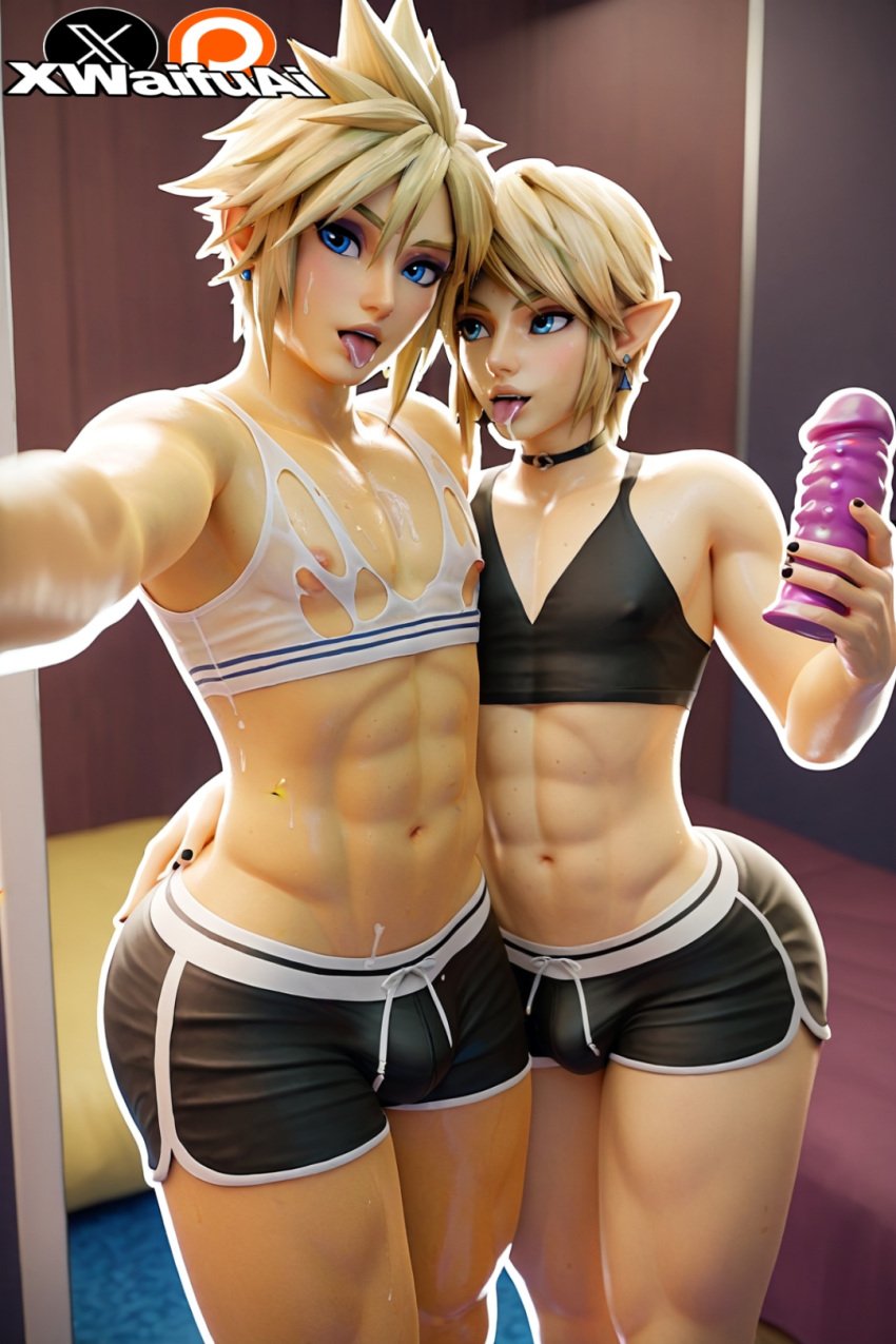 2boys, 3d, ai generated, ass, blonde hair, cloud strife, crop top, dolphin shorts, femboy, femboy only, final fantasy, flat chest, flat chested, gay, gay male, gay sex, huge ass, lifting shirt, link, link (breath of the wild), link (tears of the kingdom), looking at viewer, male, nintendo, sexy, sissification, sissy, square, square enix, thick thighs, video games, xwaifuai