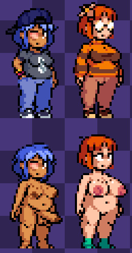 2girls areolae balls big_balls big_breasts big_penis breasts brown_eyes cap checkered_background chloe_(thewastetunnels) chubby clothed curvaceous curvy curvy_figure daisy_(thewastetunnels) dark_blue_hair dark_skin dressed_undressed eyewear female female_only flower flower_in_hair freckles freckles_on_breasts glasses hair_ornament huge_breasts intersex large_breasts long_sleeves navel neutral_expression nipples nude nude_female orange_hair original original_character pants pattern_background penis pixel_art plump purple_background shiny_skin shoes short_hair side_view socks solo spots sprite sprite_art sweater testicles thewastetunnels thick_thighs thighs turtleneck voluptuous