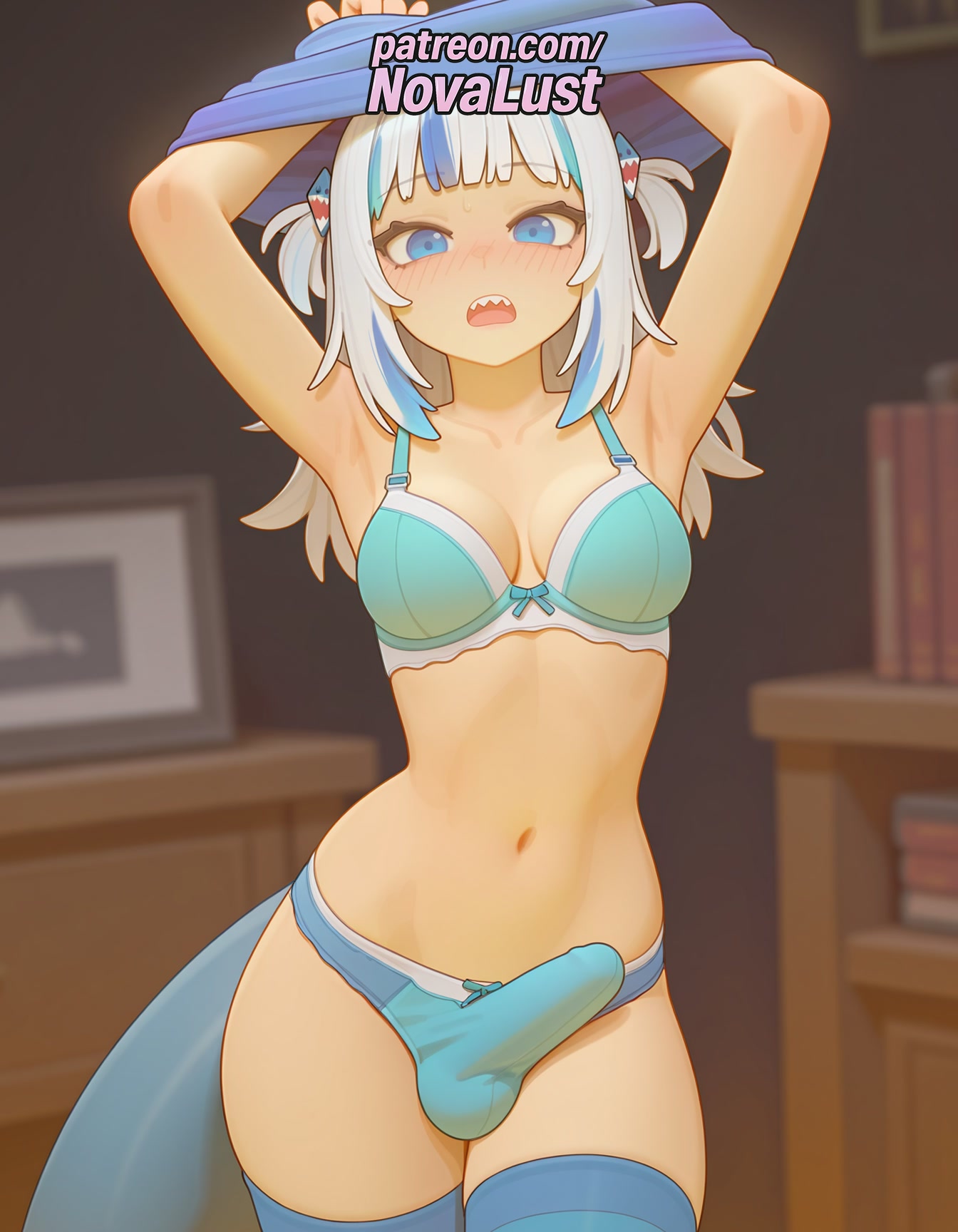 1futa, 2025, ai generated, artist name, balls, blue eyes, blue hair, blurry, blurry background, blurry foreground, blush, bra, cock, depth of field, dick, futanari, gawr gura, hi res, high quality, high resolution, highres, hololive, hololive english, indoors, intersex, multicolored hair, navel, novalust, open mouth, patreon, patreon username, penis, sharp teeth, solo, stable diffusion, streaked hair, tail, teeth, testicles, thighhighs, underwear, undressing, virtual youtuber, vtuber, watermark