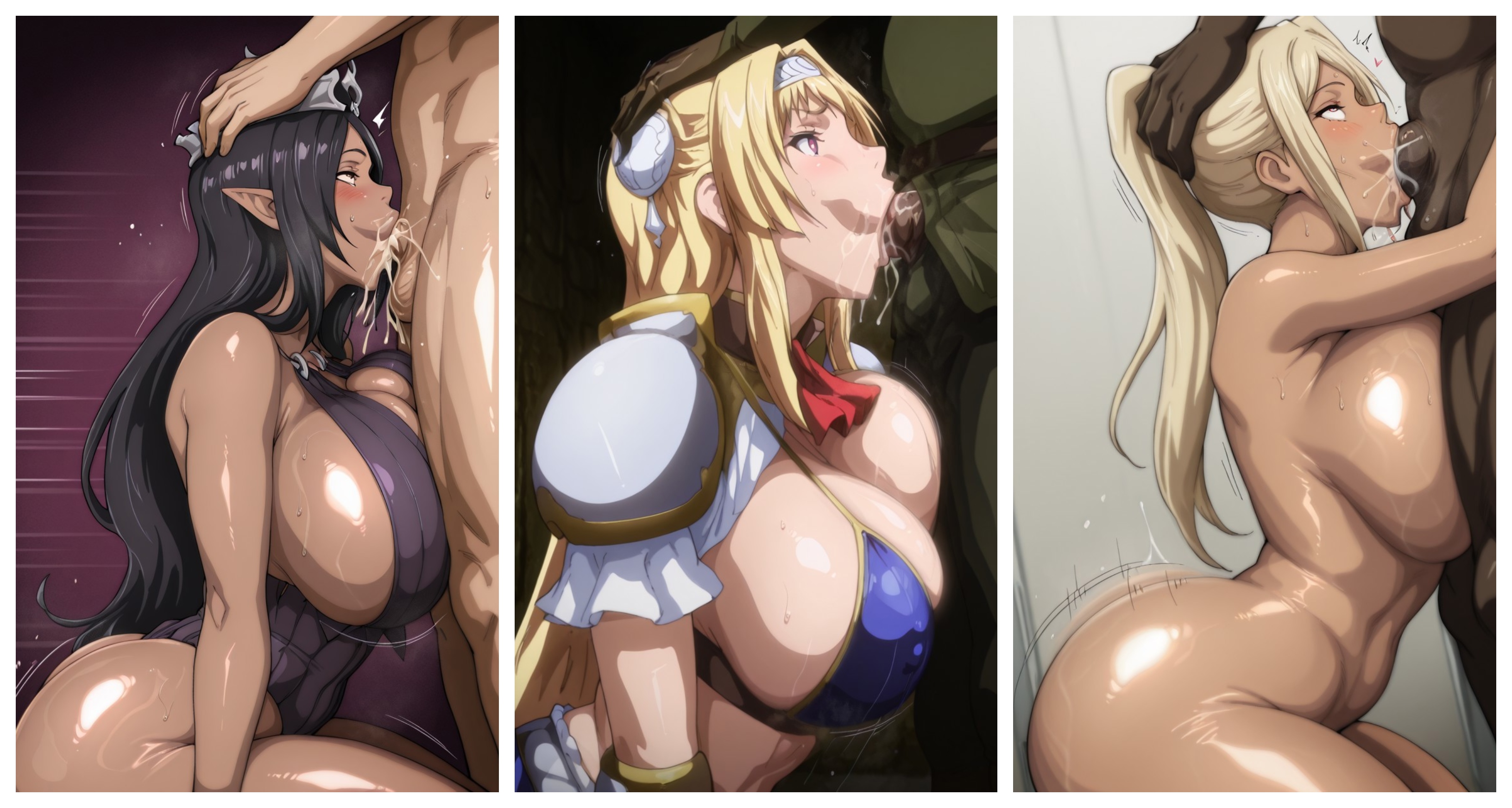 ai generated, alicia arcturus, blowjob, blowjob face, bouncing ass, breasts, cloe (kuroinu), cum, dark-skinned male, deepthroat, eyes rolling back, fellatio, female, head grab, huge ass, huge breasts, kuroinu ~kedakaki seijo wa hakudaku ni somaru~, male, olga discordia, straizo0, take your pick