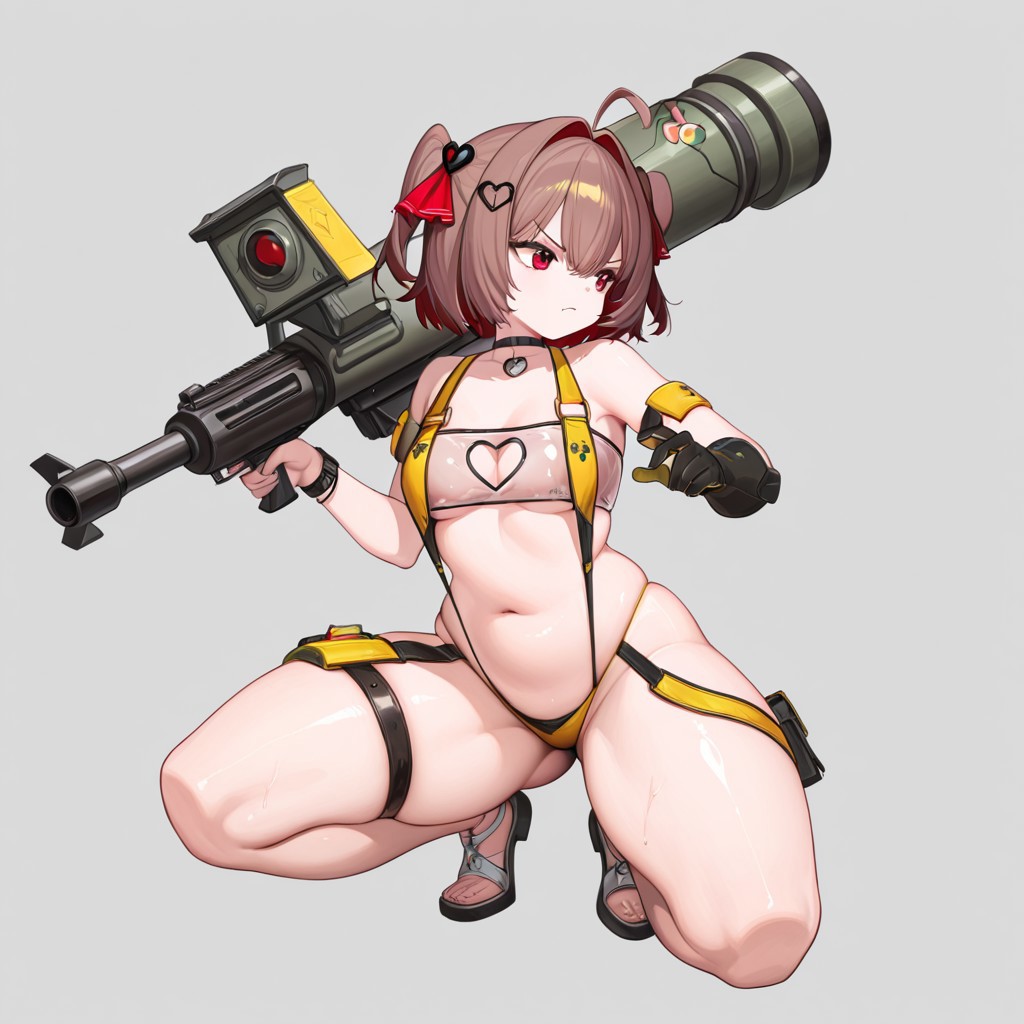 2025, ai generated, alternate version available, belly, breasts, brown hair, cosplay, crossover, elegg (nikke) (cosplay), evil neuro, evya 171, female, goddess of victory: nikke, hourglass figure, looking away, medium breasts, navel, red eyes, sling bikini, slingshot bikini, slingshot swimsuit, squatting, thick thighs, thighs, vedal ai, virtual youtuber, weapon, wide hips, yellow sling bikini, yellow slingshot swimsuit
