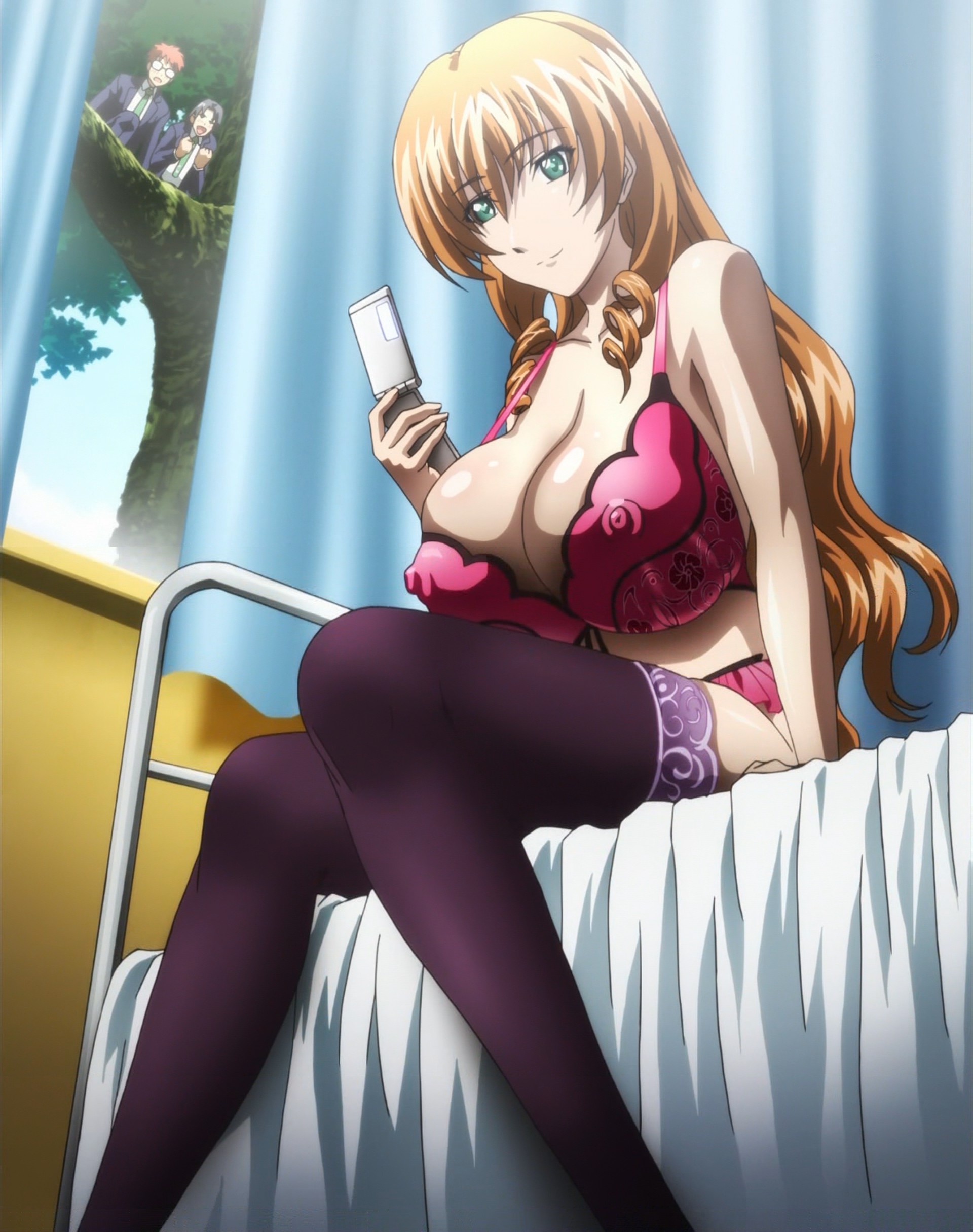 1boy, bed, bra, breasts, cellphone, character request, cleavage, curtains, erect nipples, female, high resolution, huge breasts, lingerie, maken-ki!, male, nipples, sitting, smile, stitched, thighhighs, underwear, voyeurism, window