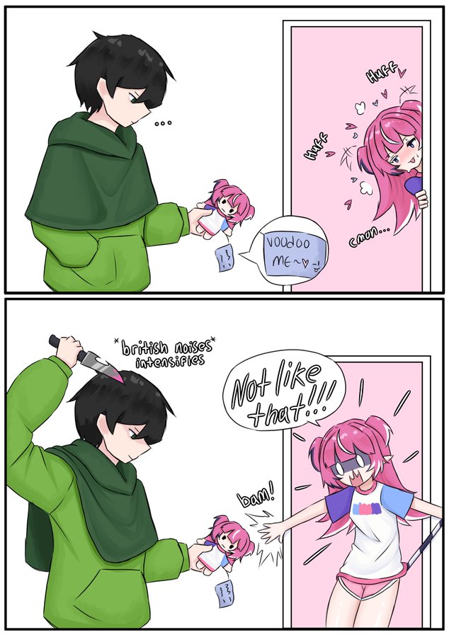 ..., 1boy, 1girls, camila (vtuber), doesn't care, english text, female, green hoodie, horny female, indie virtual youtuber, knife, male, pink hair, plushie, shocked, smirk, szpecter, tail, thighs, tsundere, vedal987, virtual youtuber, voodoo doll