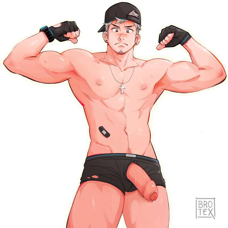 armpits, bandage, baseball cap, brotex, cock, earrings, erect penis, erection, flexing, flexing bicep, gloves, happy trail, male, male focus, male only, muscular, muscular arms, muscular male, necklace, penis, penis out, penis through underwear, shirtless, underwear