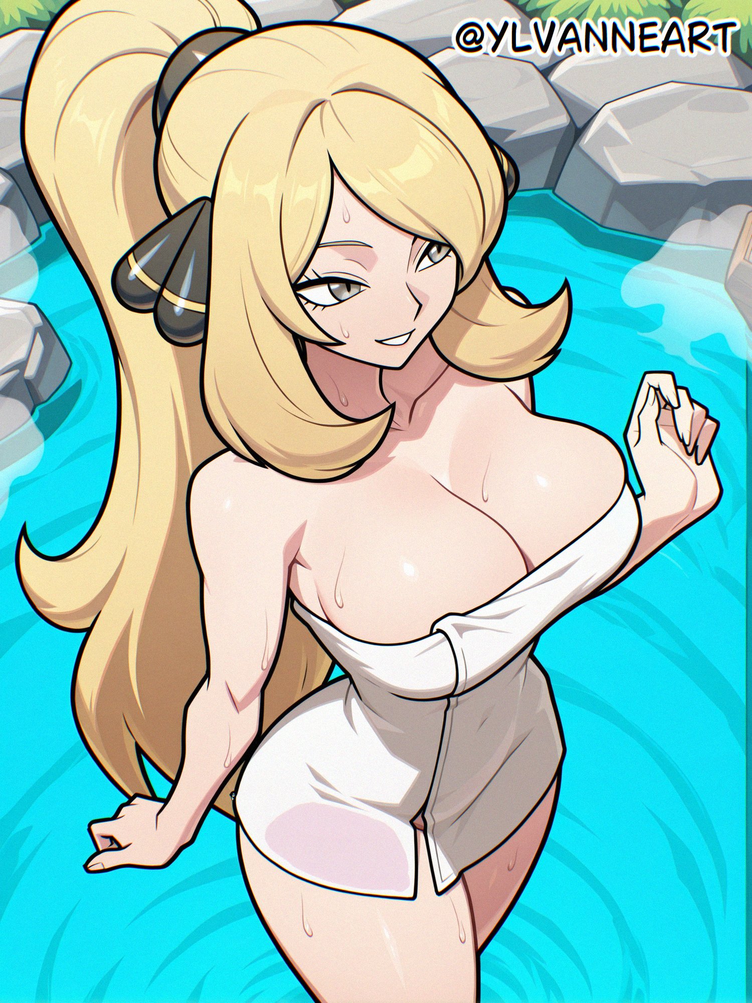 1girls, ai generated, big breasts, blonde hair, breasts, cleavage, cynthia (pokemon), female, female only, hair ornament, half-closed eyes, large breasts, long hair, looking at viewer, naked towel, nintendo, pokemon, pokemon dppt, rock, smile, solo, steam, towel, water, ylvanne