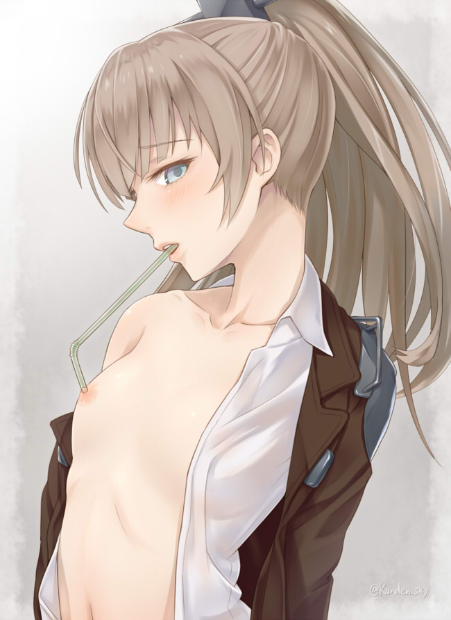 1girls, areolae, bare belly, bare breasts, bare chest, bare midriff, bare navel, bare nipples, bare shoulders, bare skin, bare tits, bare torso, belly, belly button, blue eyes, blue-eyed female, blush, blush face, blushing at viewer, blushing female, blushing lines, breasts, brown eyebrows, brown hair, brown-haired female, clothing, collarbone, digital, digital art, digital drawing, digital media, embarrassed, embarrassed exposed female, embarrassed expression, embarrassed female, embarrassed nude female, exposed belly, exposed breasts, exposed chest, exposed midriff, exposed navel, exposed nipples, exposed shoulders, exposed skin, exposed tits, exposed torso, female, female focus, female only, flat belly, flat breasts, flat chest, flat chested, grey background, head tilt, high resolution, highres, kanden sky, kantai collection, kumano (kantai collection), lean figure, lips, long hair, looking at viewer, midriff, naked shirt, narrow waist, navel, nipples, open clothes, open clothing, open shirt, open topwear, petite, petite body, petite breasts, petite female, petite tits, ponytail, ribs, shirt, shoulders, sidelocks, simple background, skinny, skinny female, skinny waist, slender body, slender waist, slim waist, small breasts, smooth chest, solo, standing, straw, tilted head, unbuttoned, unbuttoned shirt, uncensored, uncensored breasts, uncensored nipples, upper body, white background, white shirt, white topwear